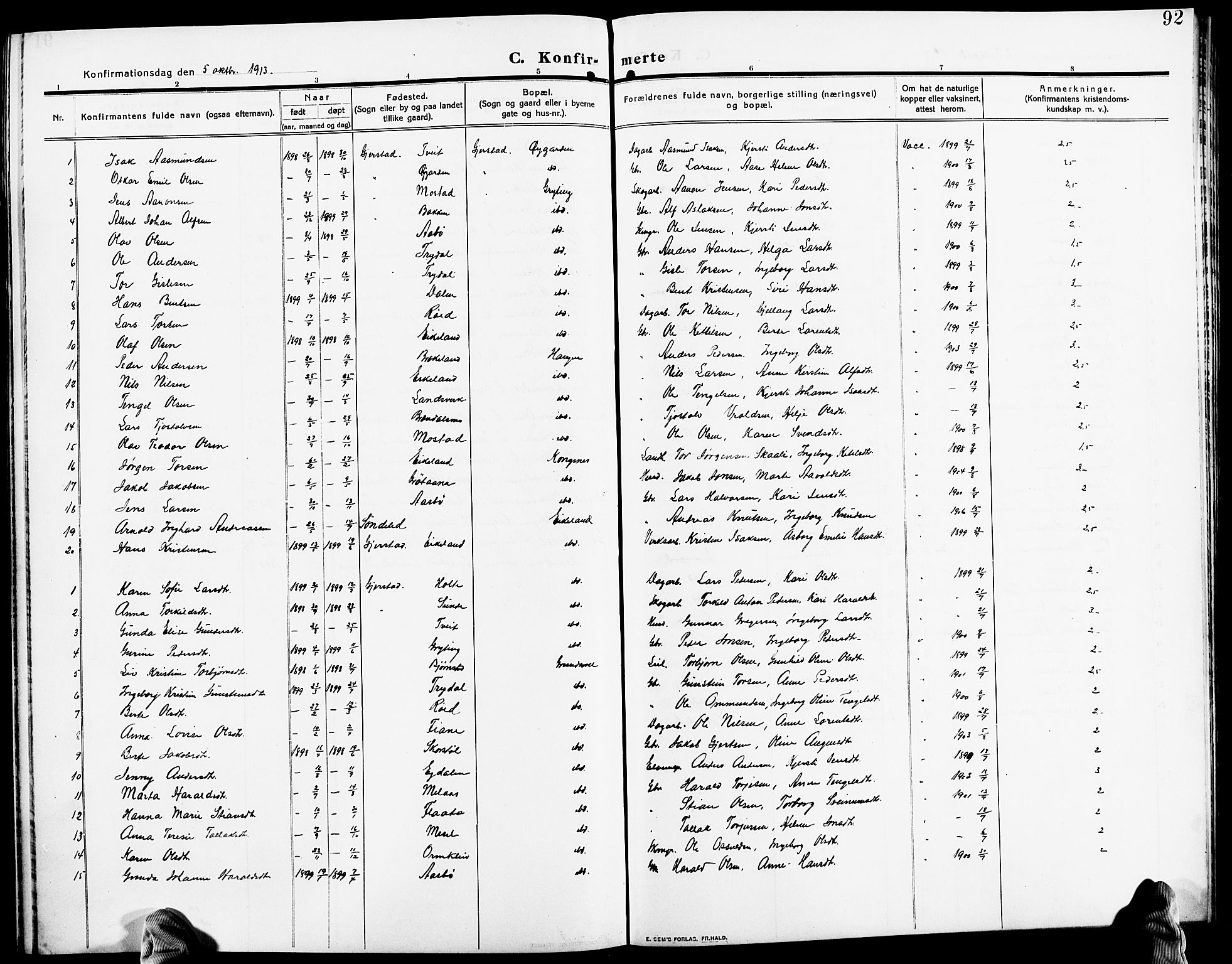 Gjerstad sokneprestkontor, SAK/1111-0014/F/Fb/Fba/L0008: Parish register (copy) no. B 8, 1909-1925, p. 92