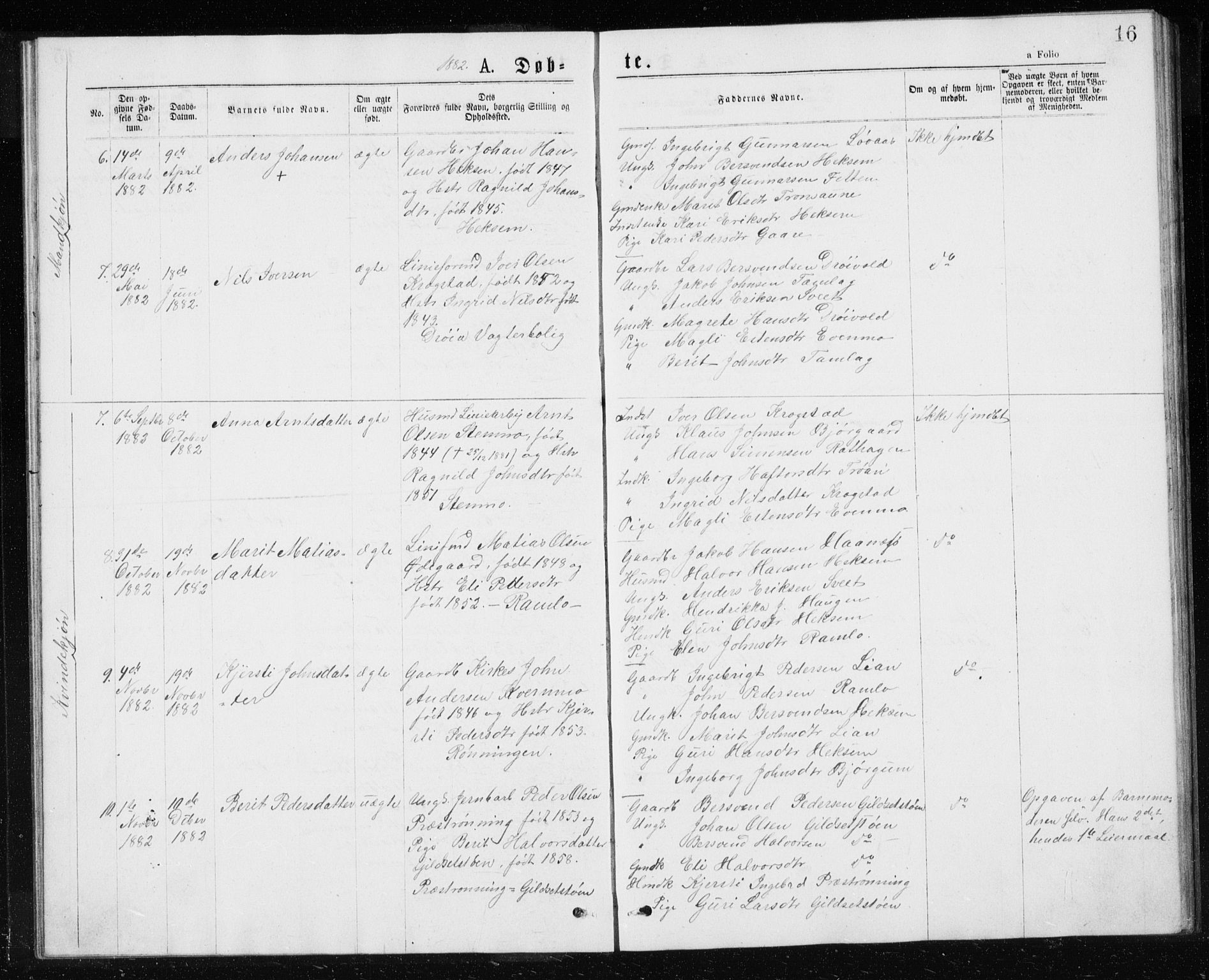 Ministerialprotokoller, klokkerbøker og fødselsregistre - Sør-Trøndelag, SAT/A-1456/685/L0977: Parish register (copy) no. 685C02, 1879-1890, p. 16