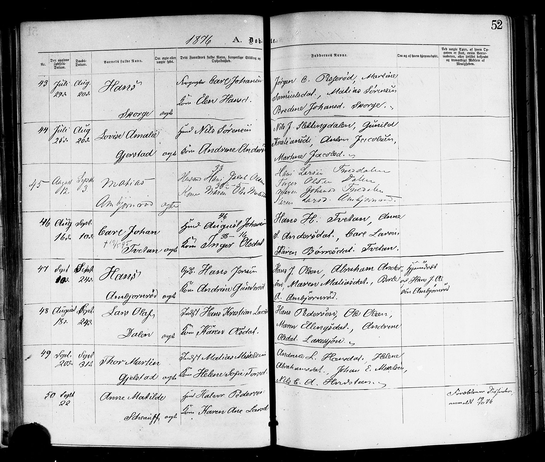 Andebu kirkebøker, AV/SAKO-A-336/F/Fa/L0006: Parish register (official) no. I 6, 1871-1878, p. 52