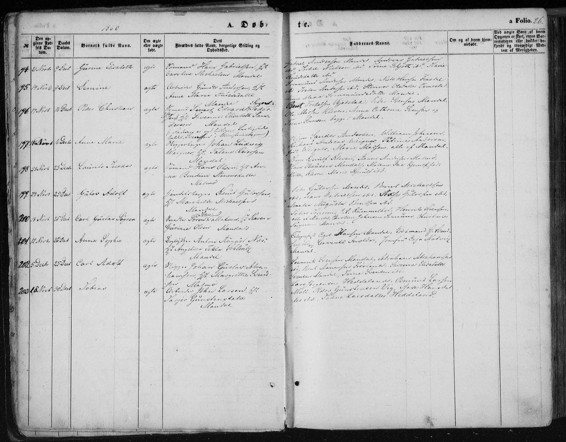 Mandal sokneprestkontor, SAK/1111-0030/F/Fa/Faa/L0014: Parish register (official) no. A 14, 1859-1872, p. 26