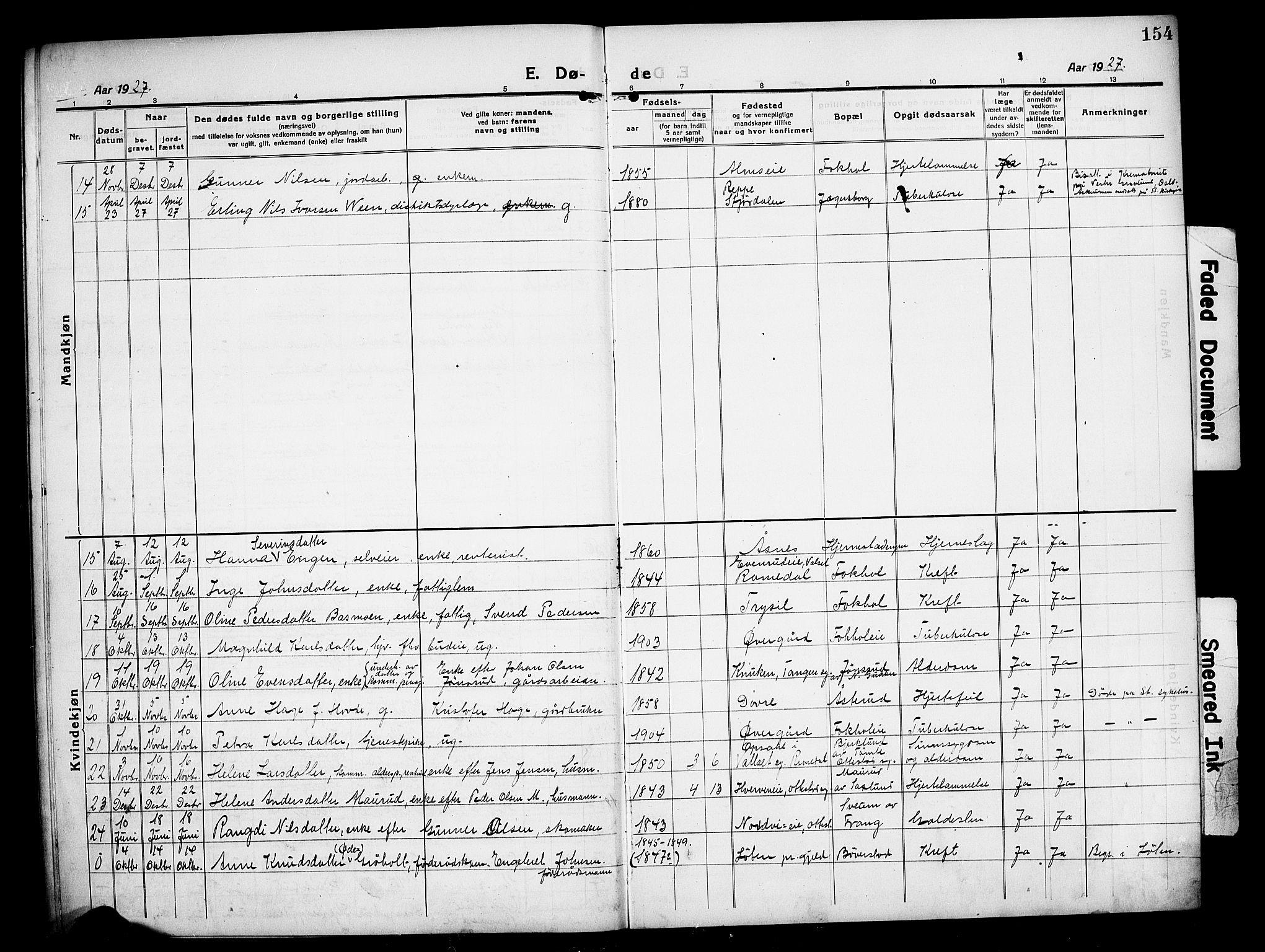 Stange prestekontor, AV/SAH-PREST-002/L/L0016: Parish register (copy) no. 16, 1918-1928, p. 154