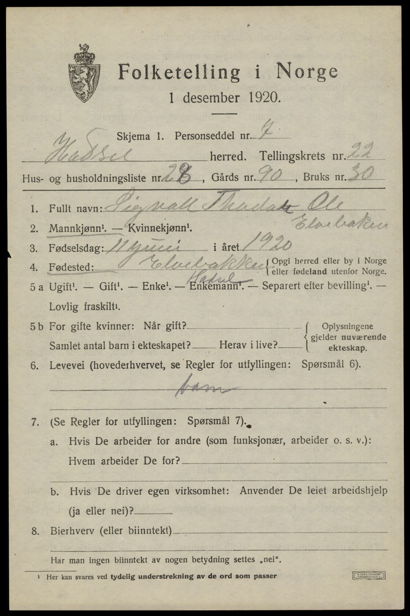 SAT, 1920 census for Hadsel, 1920, p. 20286