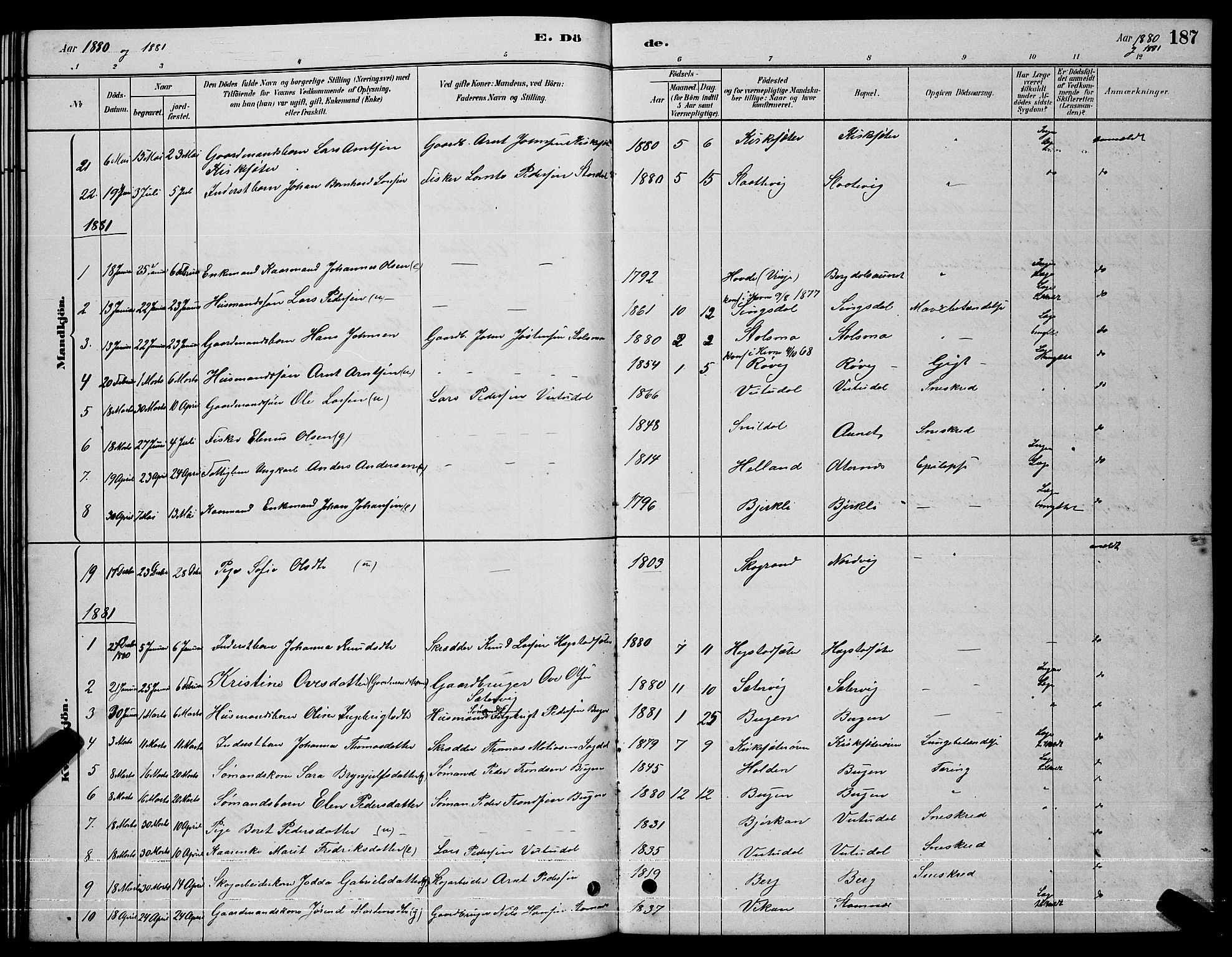 Ministerialprotokoller, klokkerbøker og fødselsregistre - Sør-Trøndelag, AV/SAT-A-1456/630/L0504: Parish register (copy) no. 630C02, 1879-1898, p. 187