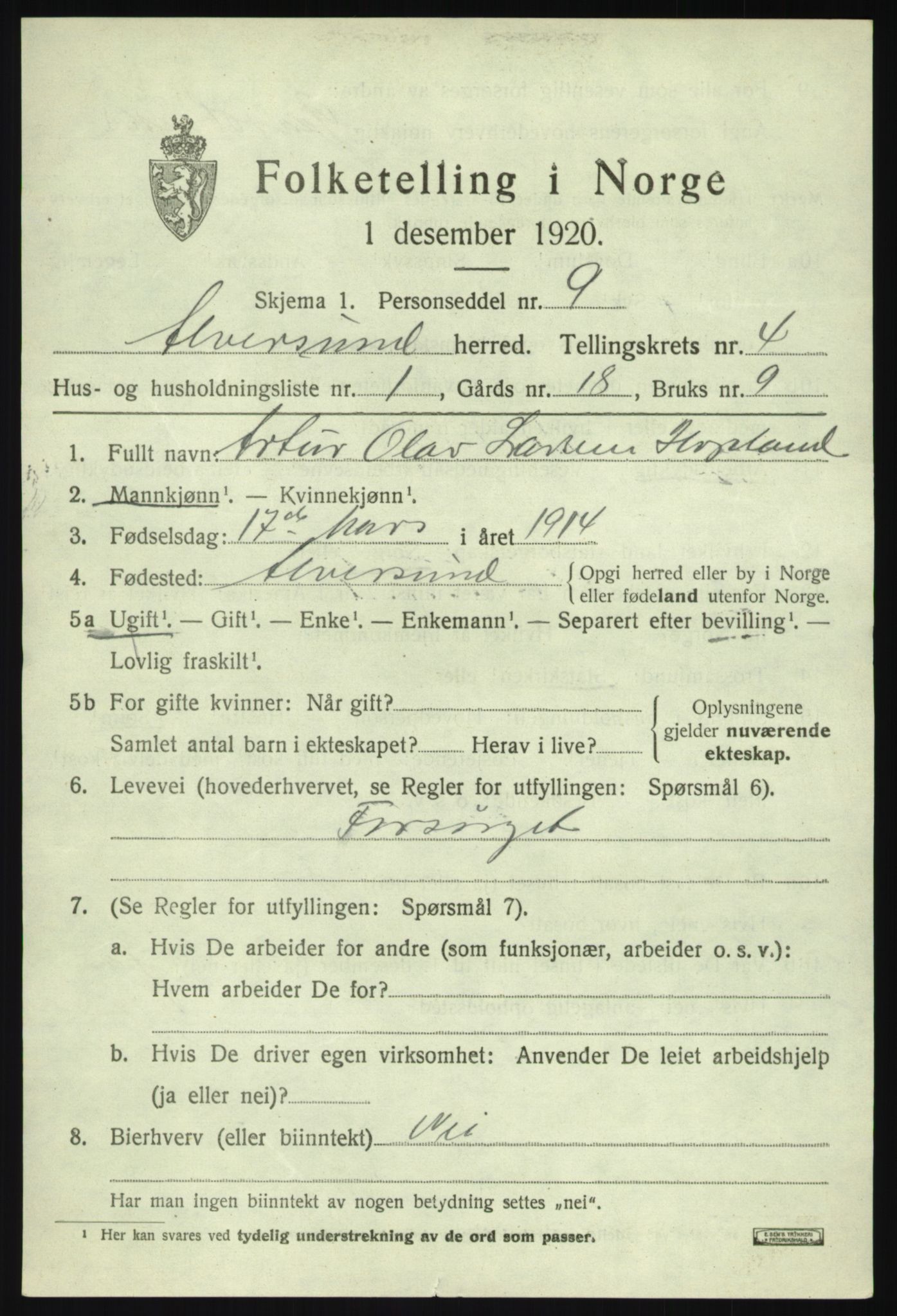 SAB, 1920 census for Alversund, 1920, p. 2674