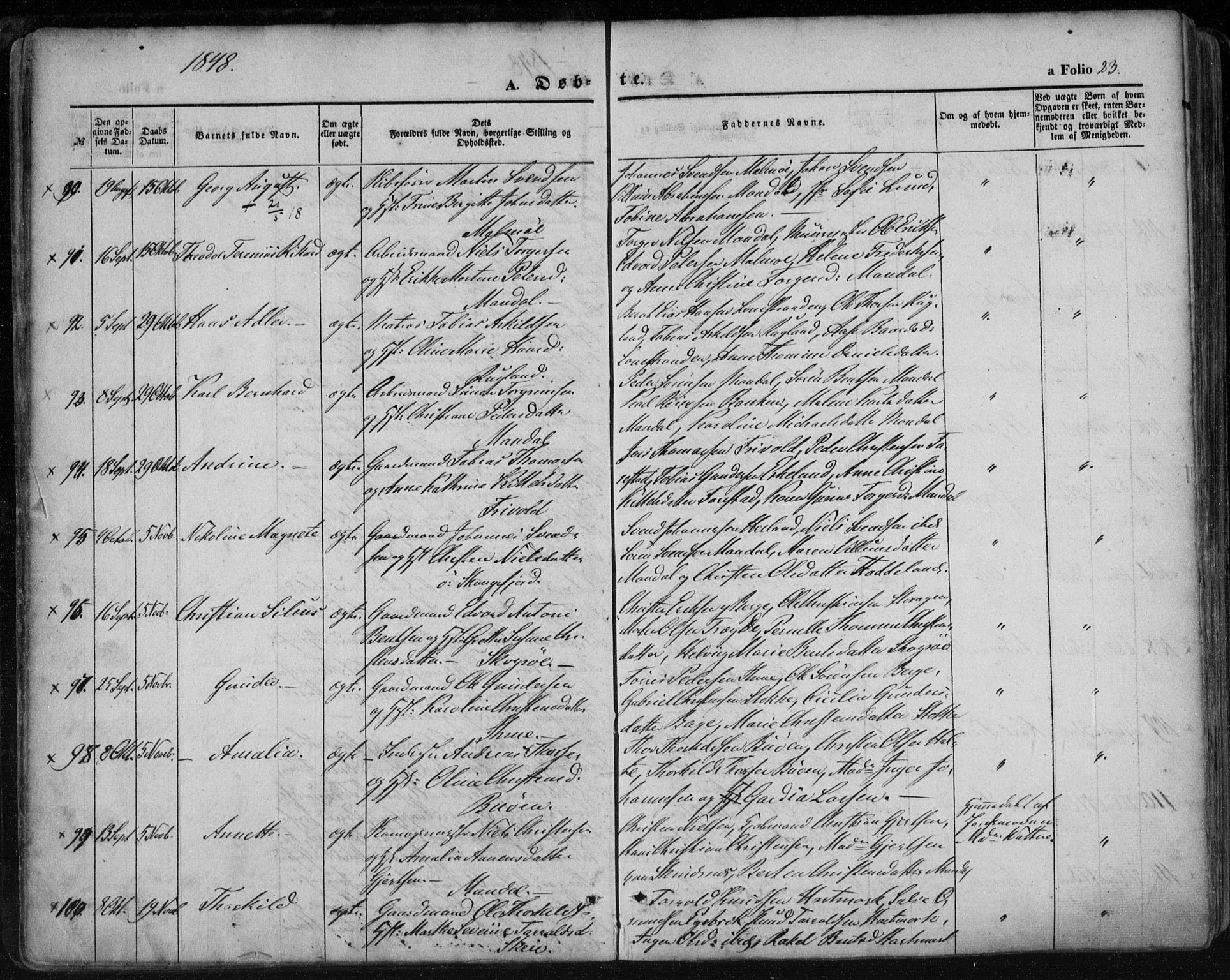 Mandal sokneprestkontor, AV/SAK-1111-0030/F/Fa/Faa/L0013: Parish register (official) no. A 13, 1847-1859, p. 23