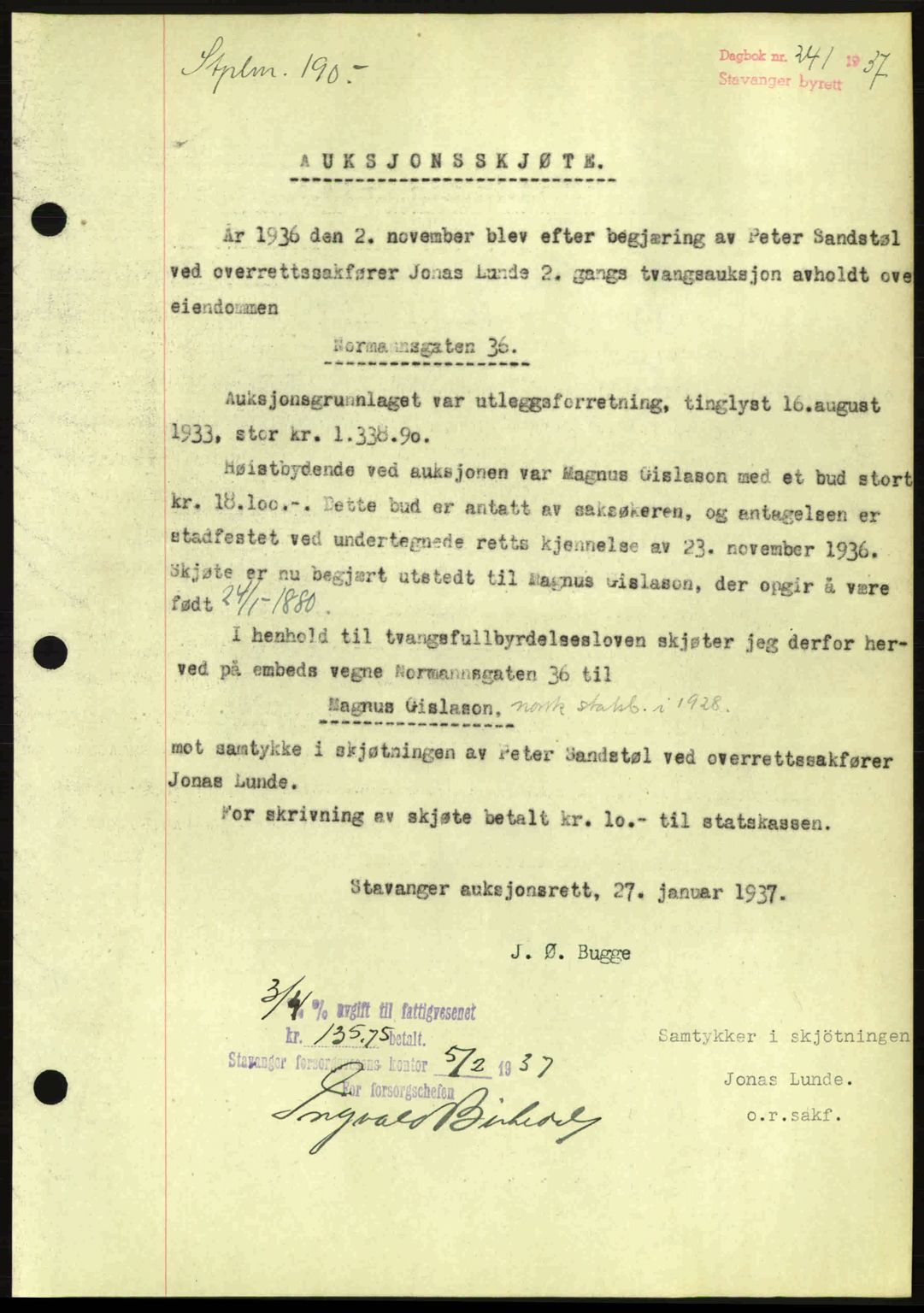 Stavanger byrett, SAST/A-100455/002/G/Gb/L0012: Mortgage book no. A2, 1936-1937, Diary no: : 241/1937