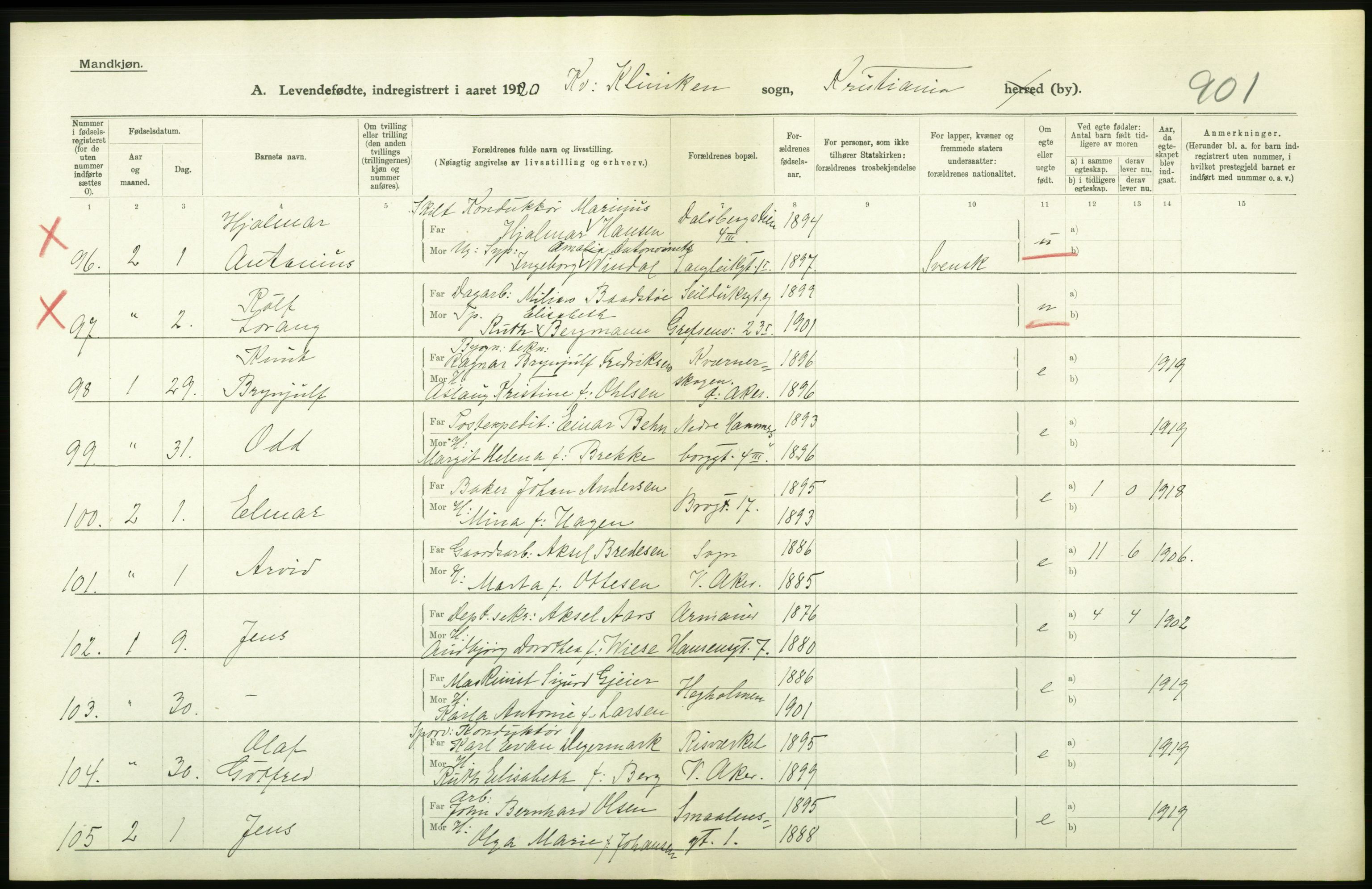 Statistisk sentralbyrå, Sosiodemografiske emner, Befolkning, AV/RA-S-2228/D/Df/Dfb/Dfbj/L0008: Kristiania: Levendefødte menn og kvinner., 1920, p. 342