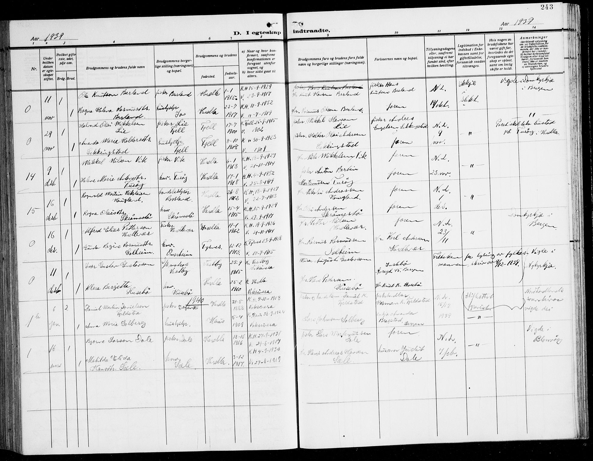 Herdla Sokneprestembete, SAB/A-75701/H/Hab: Parish register (copy) no. C 3, 1926-1940, p. 243