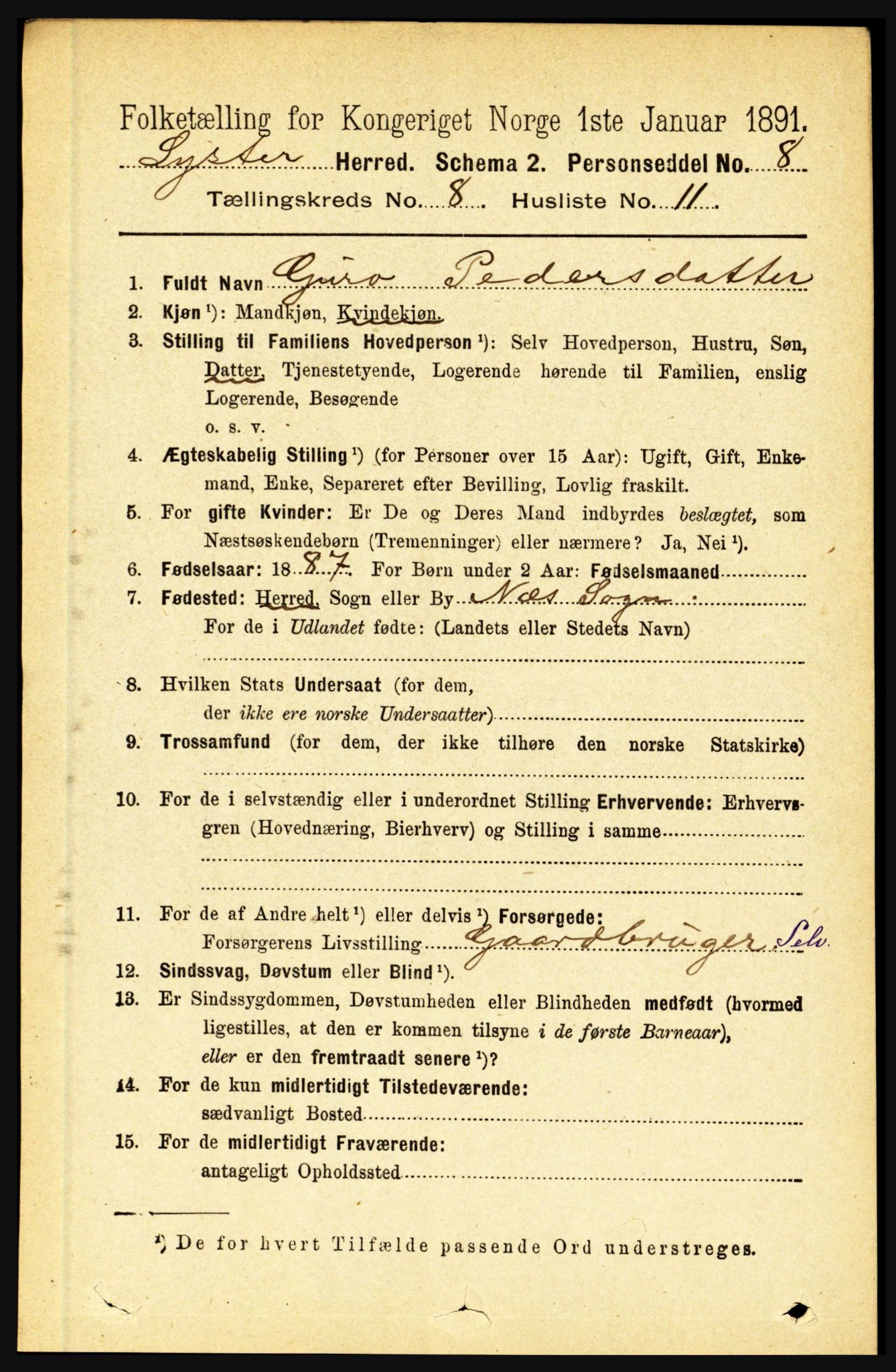 RA, 1891 census for 1426 Luster, 1891, p. 2740