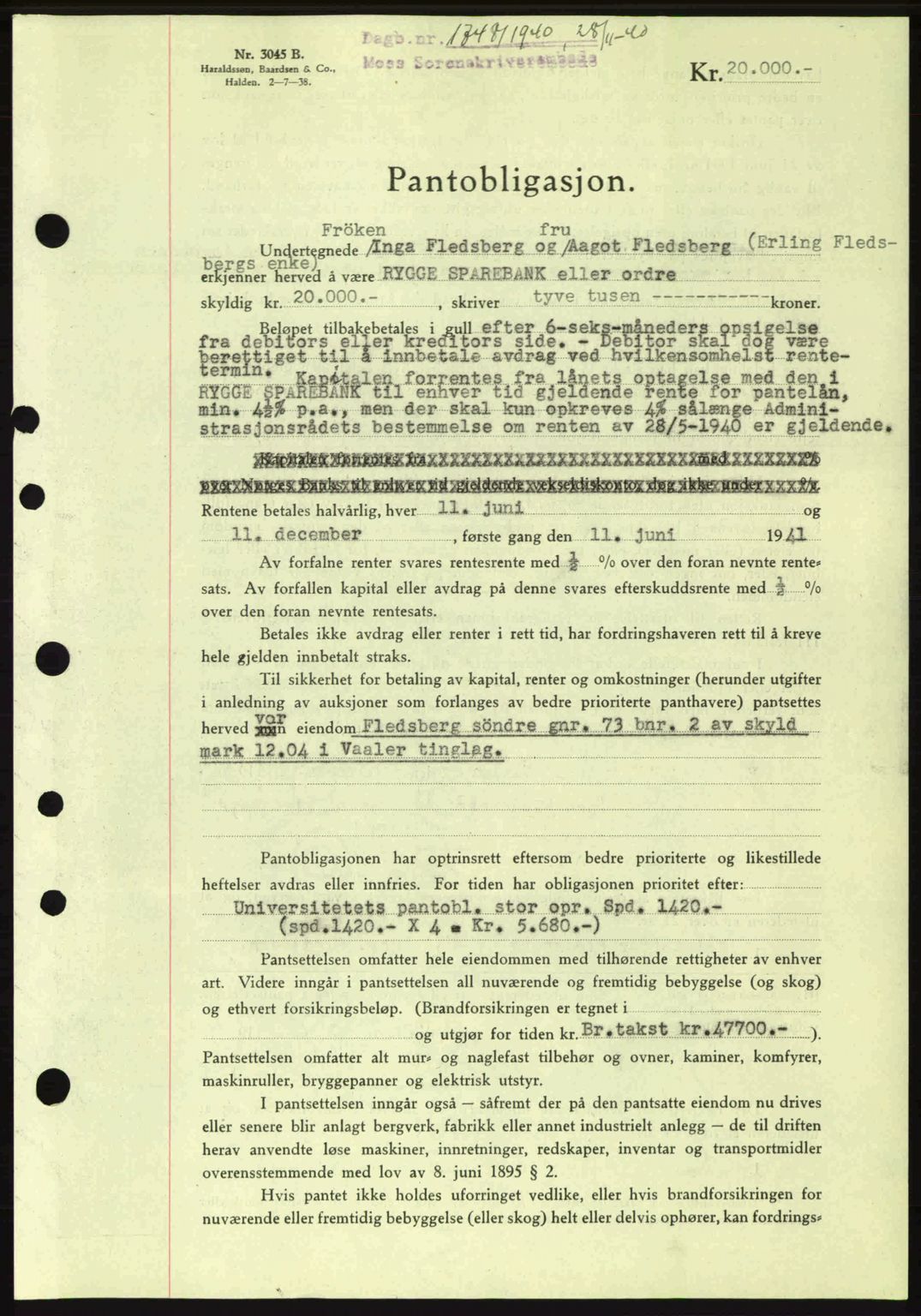 Moss sorenskriveri, SAO/A-10168: Mortgage book no. B10, 1940-1941, Diary no: : 1748/1940