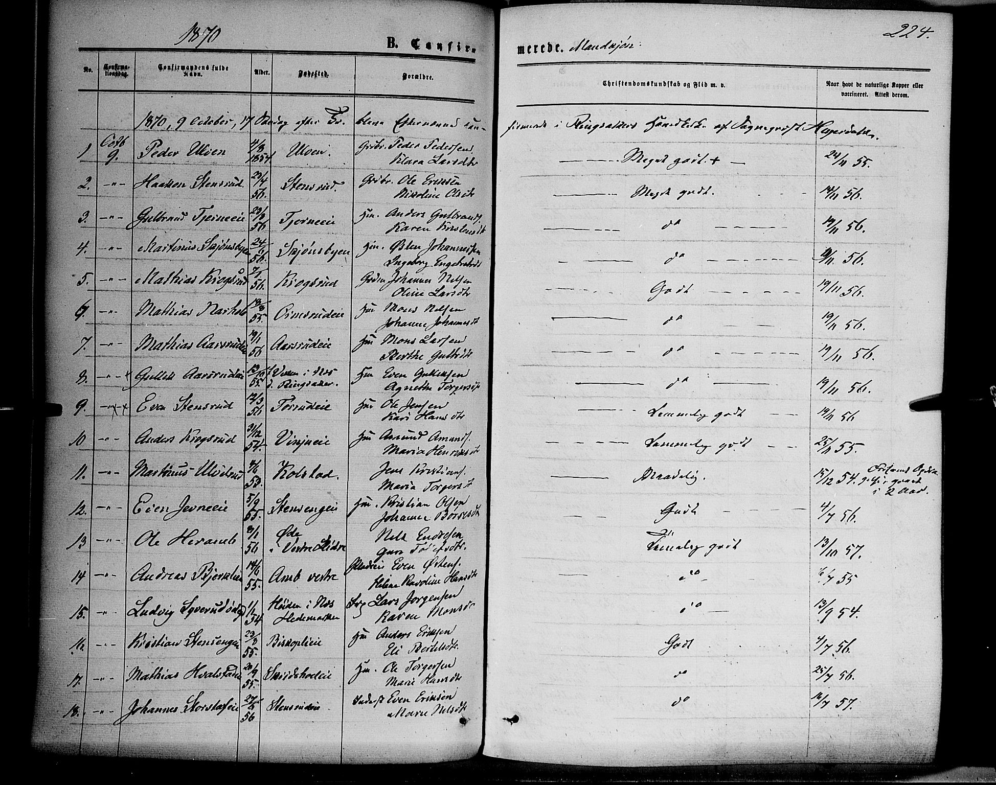 Ringsaker prestekontor, AV/SAH-PREST-014/K/Ka/L0011: Parish register (official) no. 11, 1870-1878, p. 224