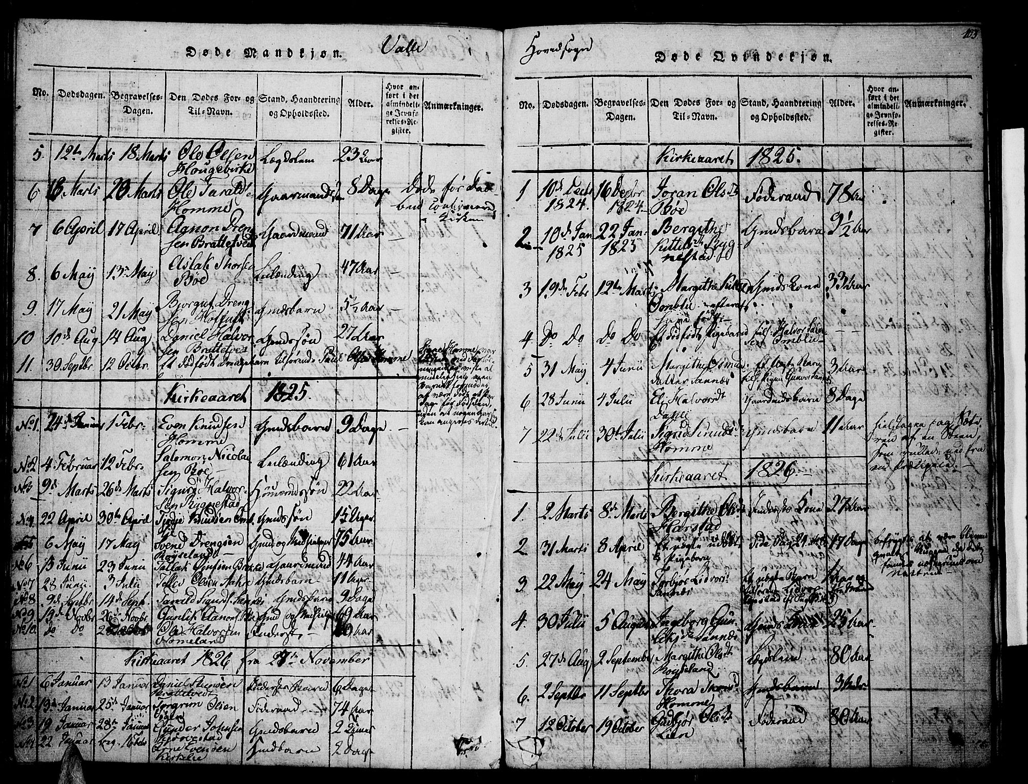 Valle sokneprestkontor, SAK/1111-0044/F/Fa/Fac/L0005: Parish register (official) no. A 5 /1, 1816-1831, p. 103