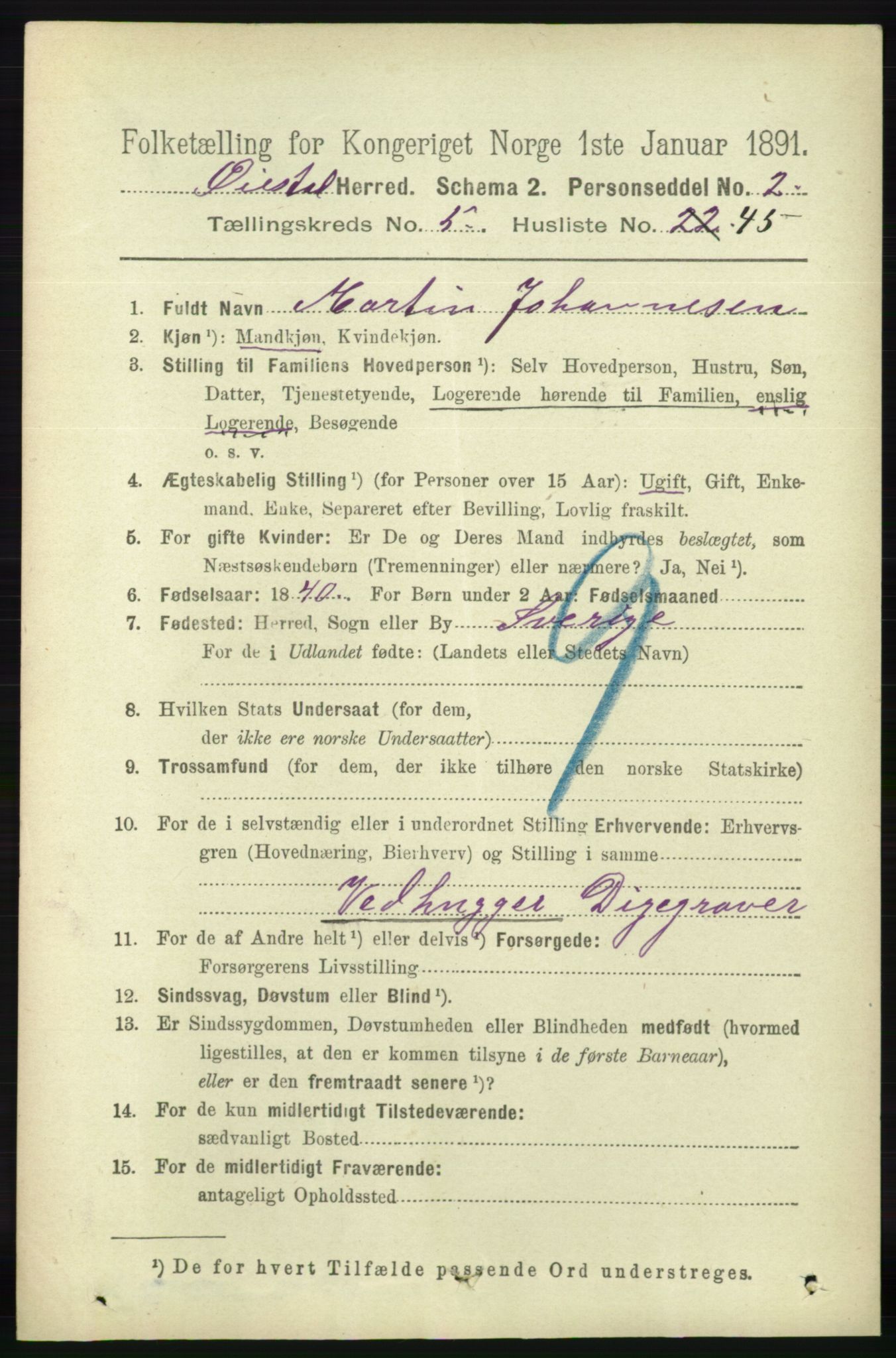 RA, 1891 census for 0920 Øyestad, 1891, p. 2050