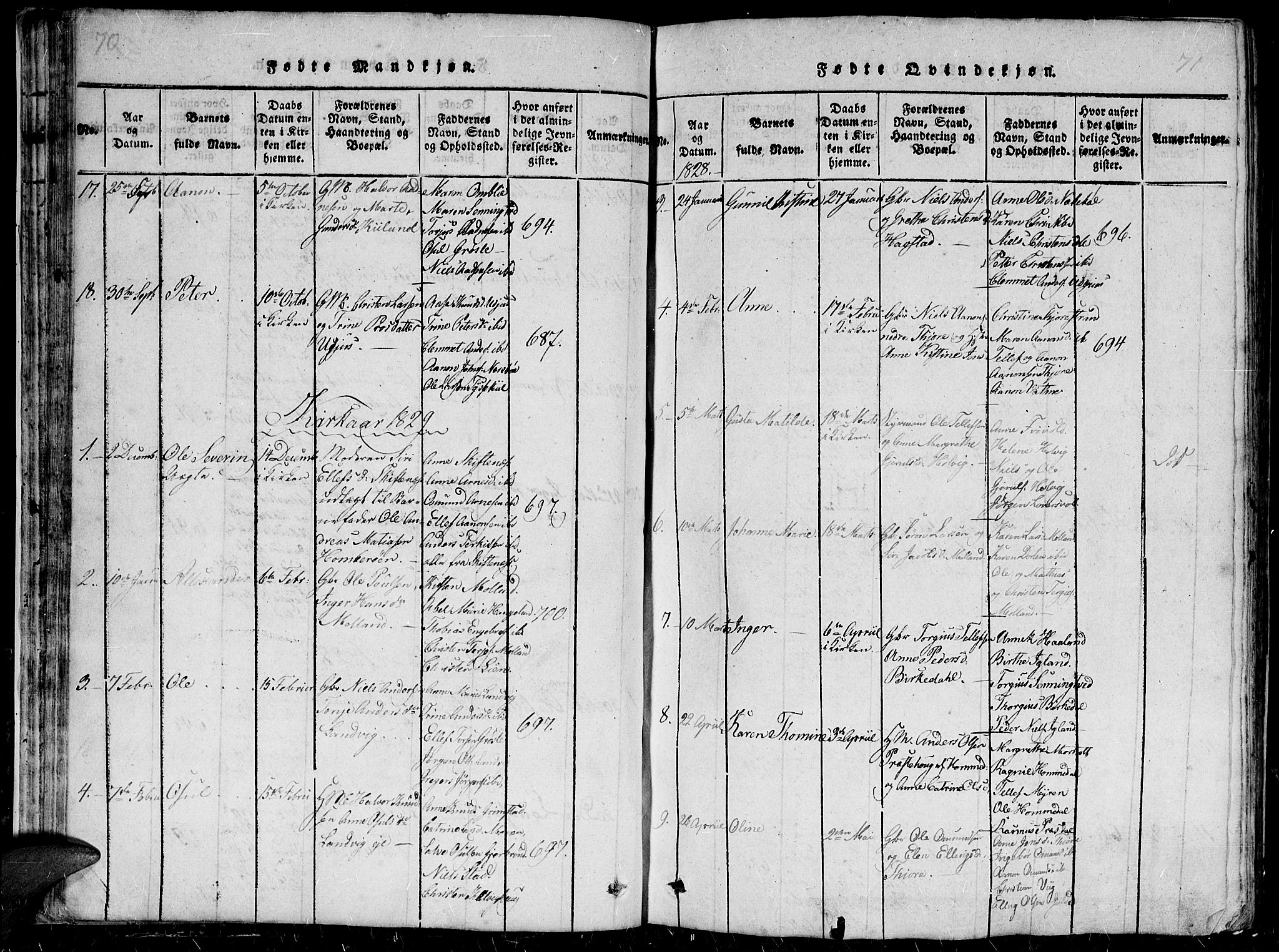 Hommedal sokneprestkontor, SAK/1111-0023/F/Fb/Fbb/L0003: Parish register (copy) no. B 3 /1, 1816-1850, p. 70-71