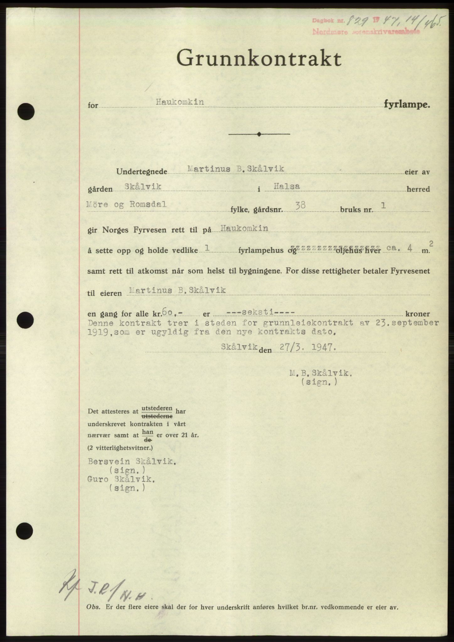 Nordmøre sorenskriveri, AV/SAT-A-4132/1/2/2Ca: Mortgage book no. B96, 1947-1947, Diary no: : 829/1947