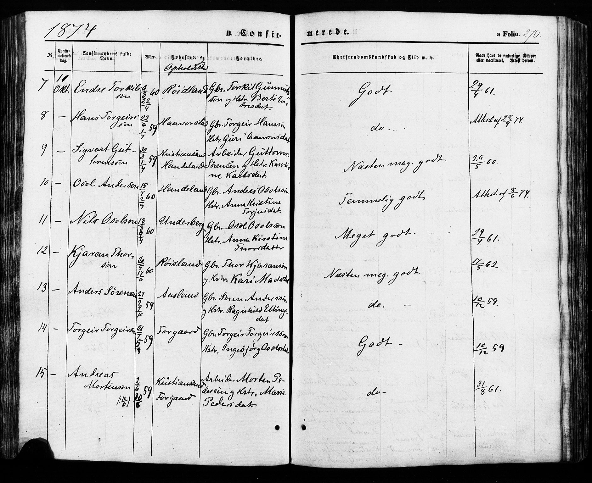 Åseral sokneprestkontor, SAK/1111-0051/F/Fa/L0002: Parish register (official) no. A 2, 1854-1884, p. 270