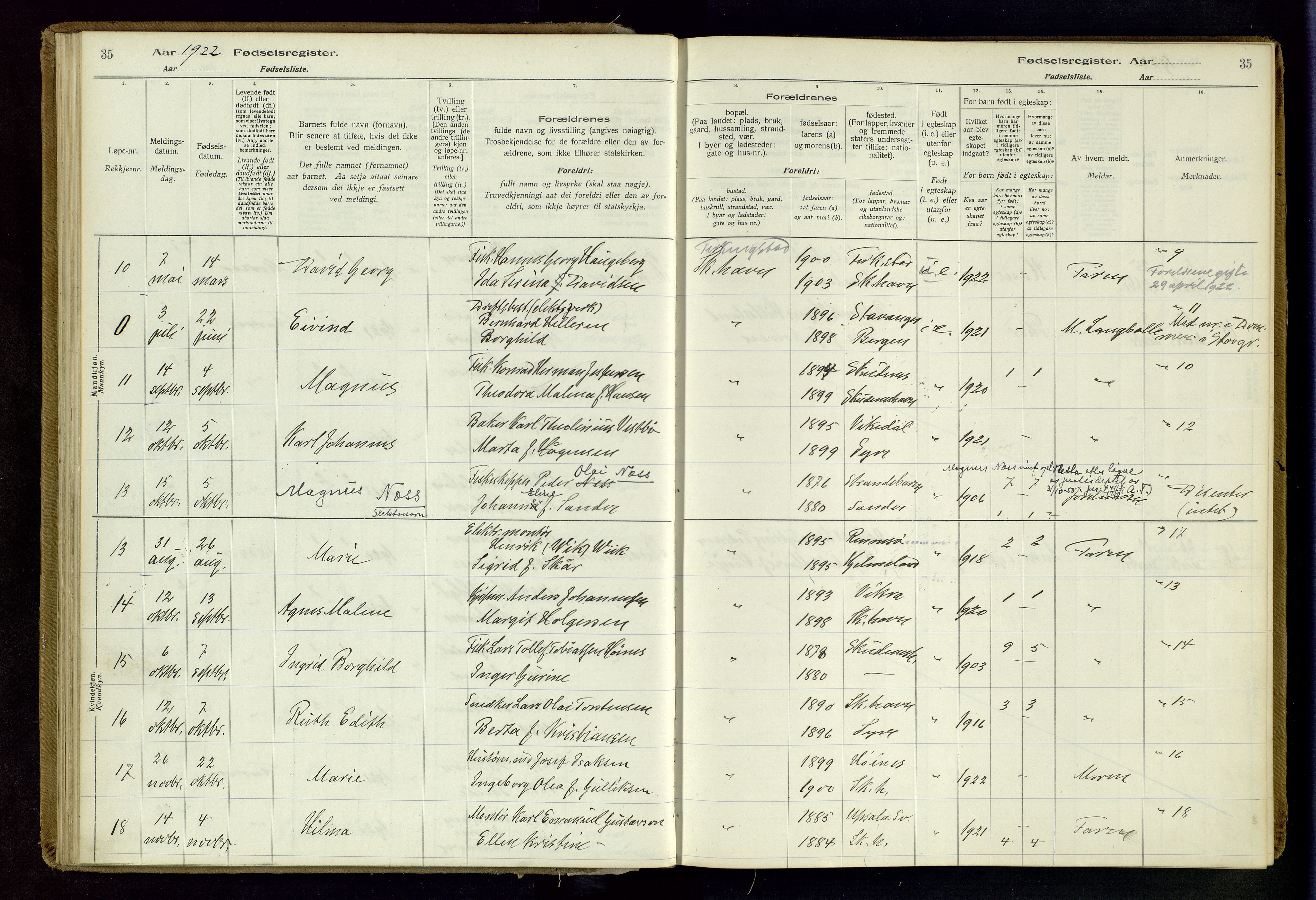 Skudenes sokneprestkontor, AV/SAST-A -101849/I/Id/L0003: Birth register no. 3, 1916-1964, p. 35