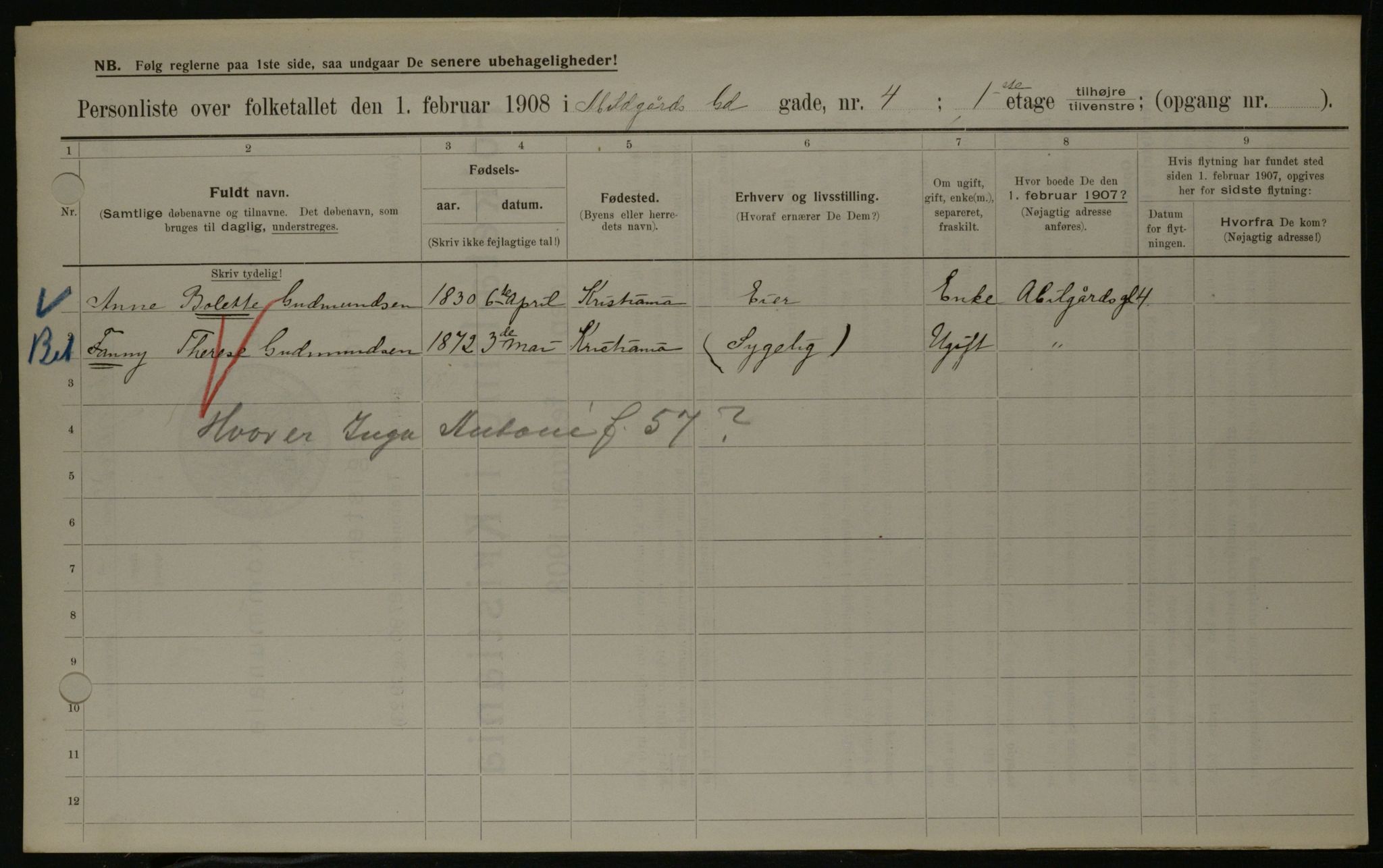 OBA, Municipal Census 1908 for Kristiania, 1908, p. 21