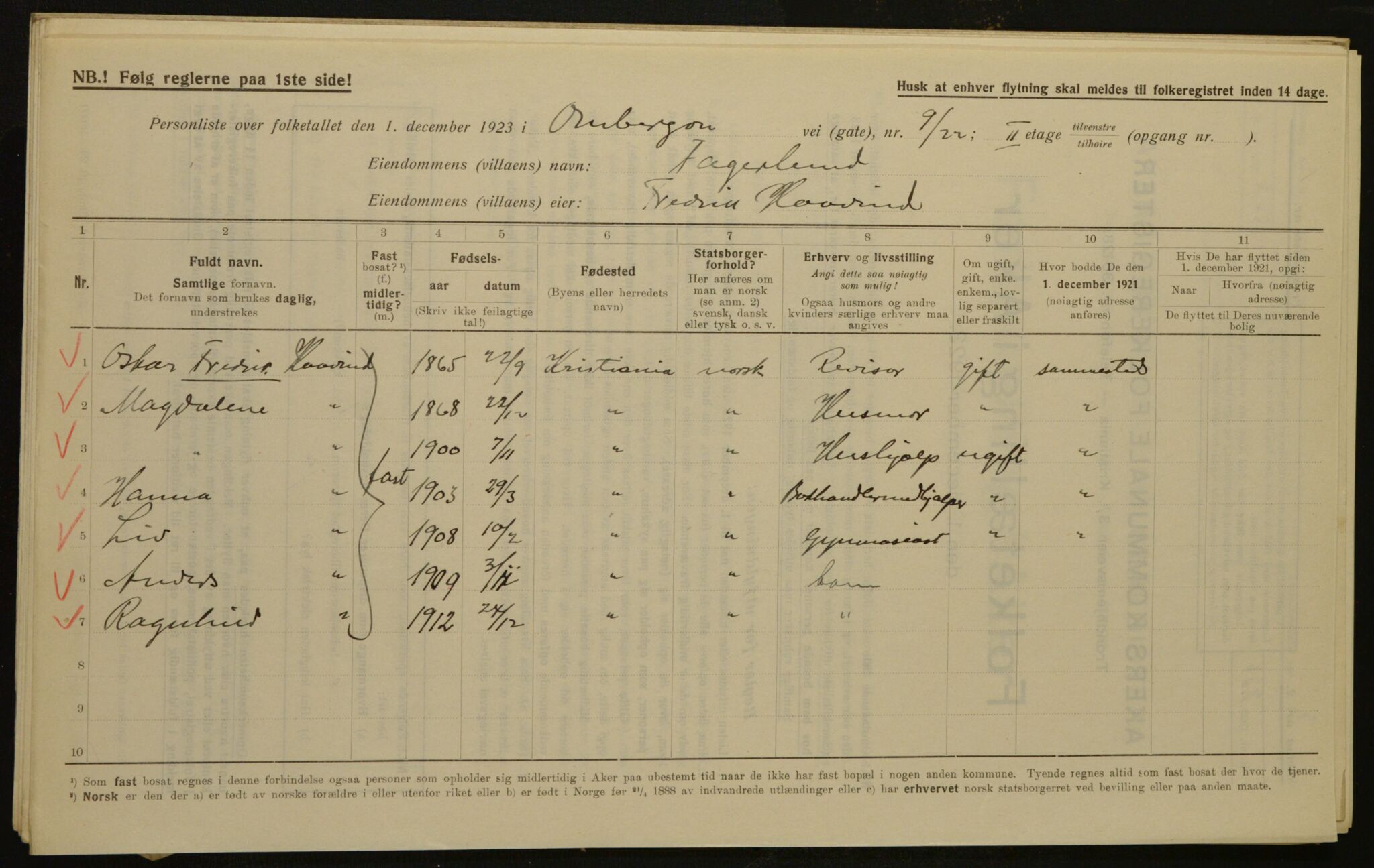 , Municipal Census 1923 for Aker, 1923, p. 1693