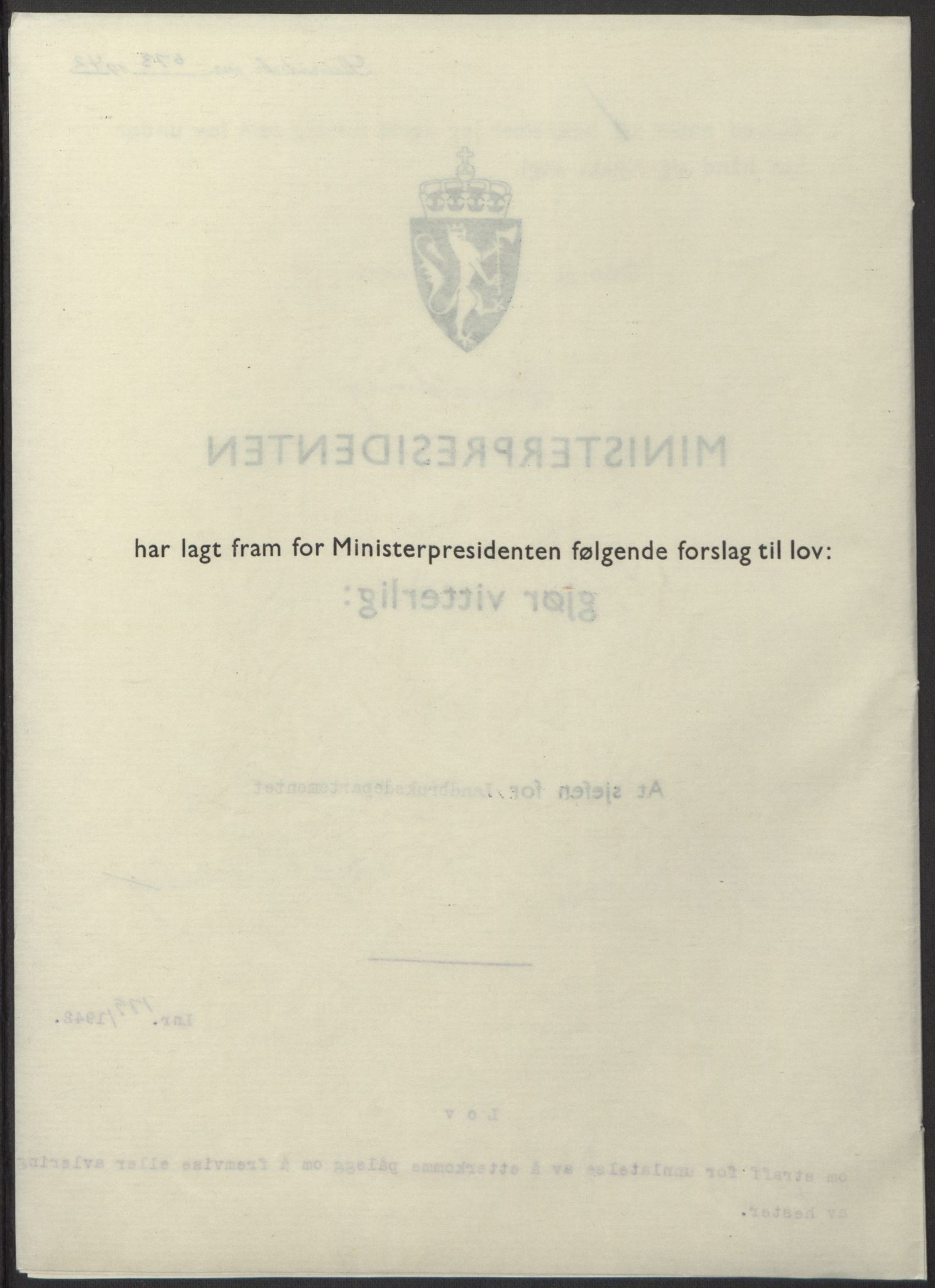 NS-administrasjonen 1940-1945 (Statsrådsekretariatet, de kommisariske statsråder mm), RA/S-4279/D/Db/L0098: Lover II, 1942, p. 316