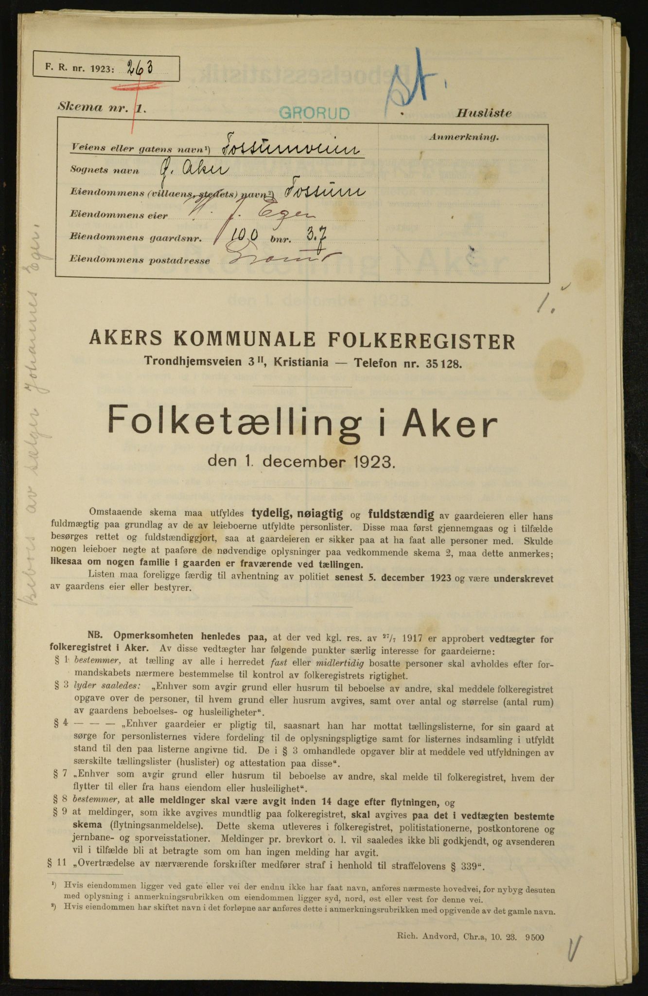 , Municipal Census 1923 for Aker, 1923, p. 23922