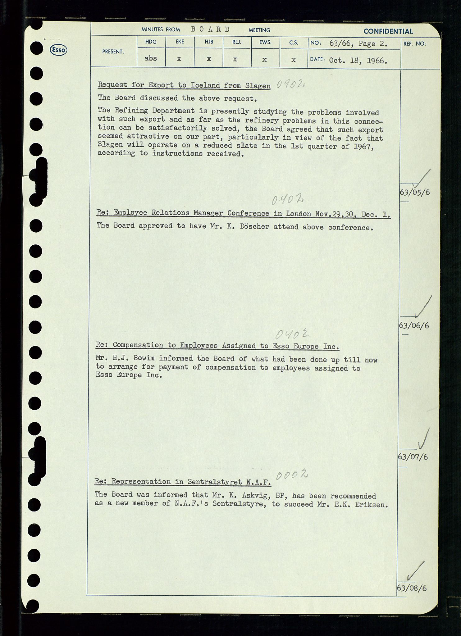 Pa 0982 - Esso Norge A/S, AV/SAST-A-100448/A/Aa/L0002/0002: Den administrerende direksjon Board minutes (styrereferater) / Den administrerende direksjon Board minutes (styrereferater), 1966, p. 133