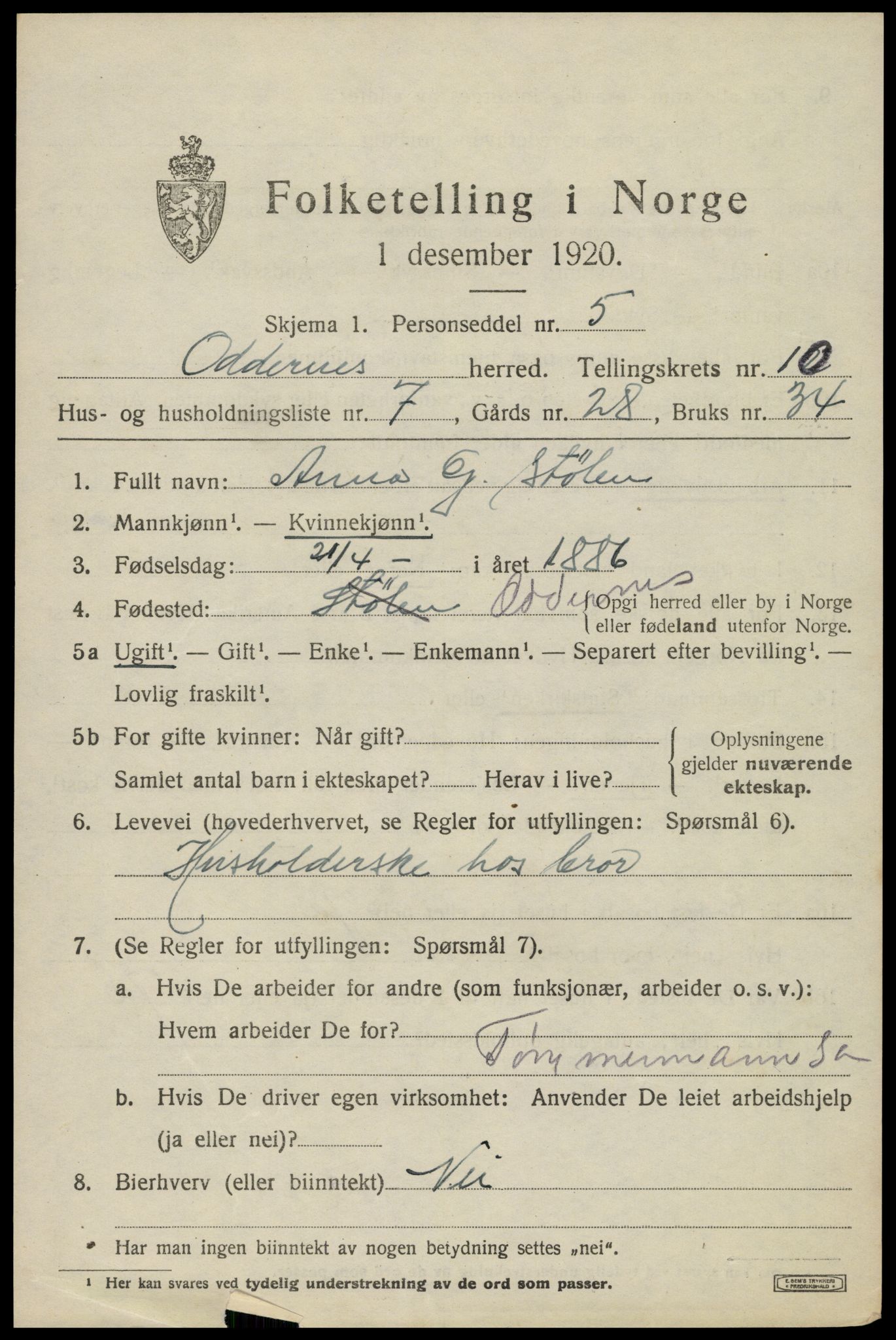 SAK, 1920 census for Oddernes, 1920, p. 6443