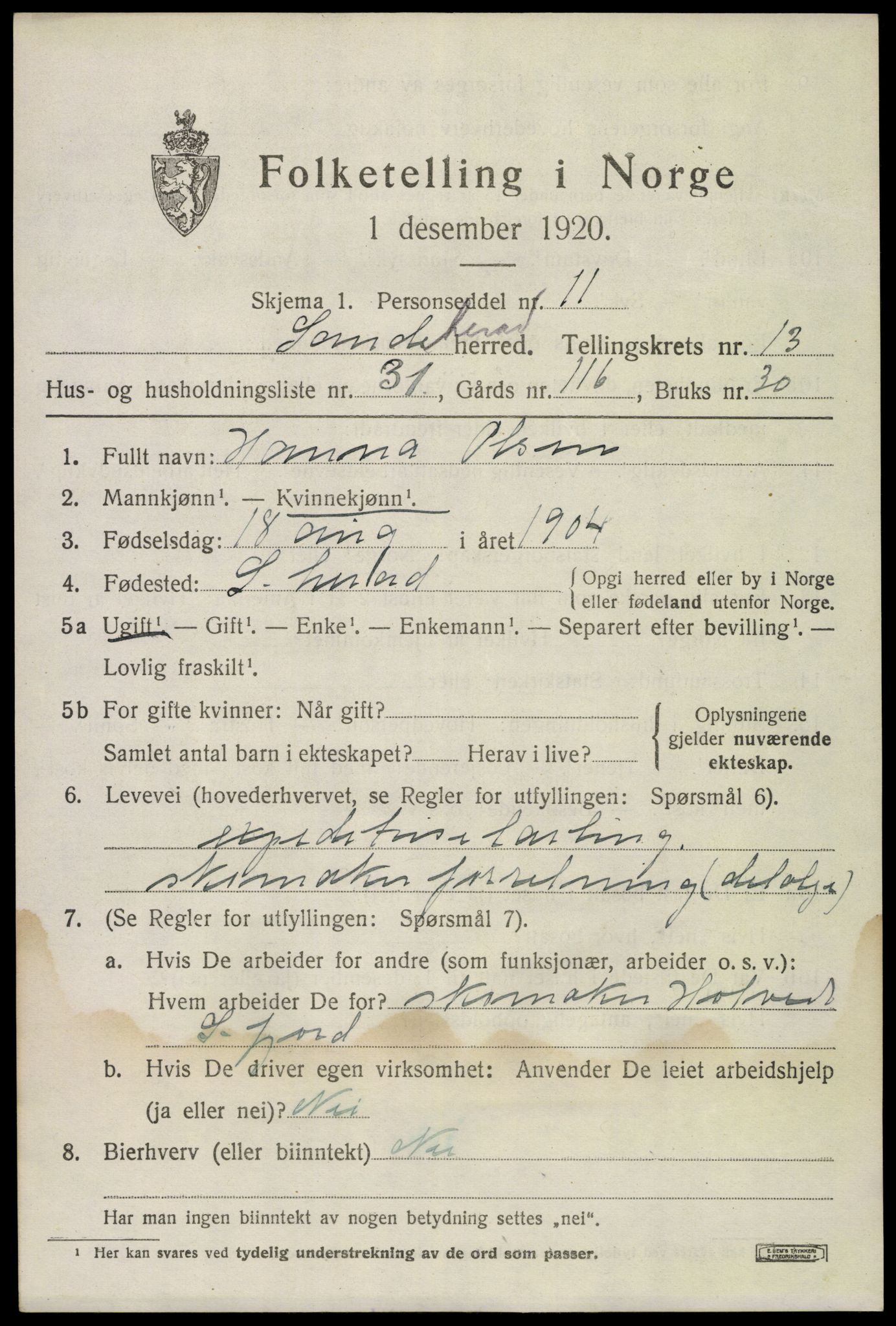 SAKO, 1920 census for Sandeherred, 1920, p. 19644