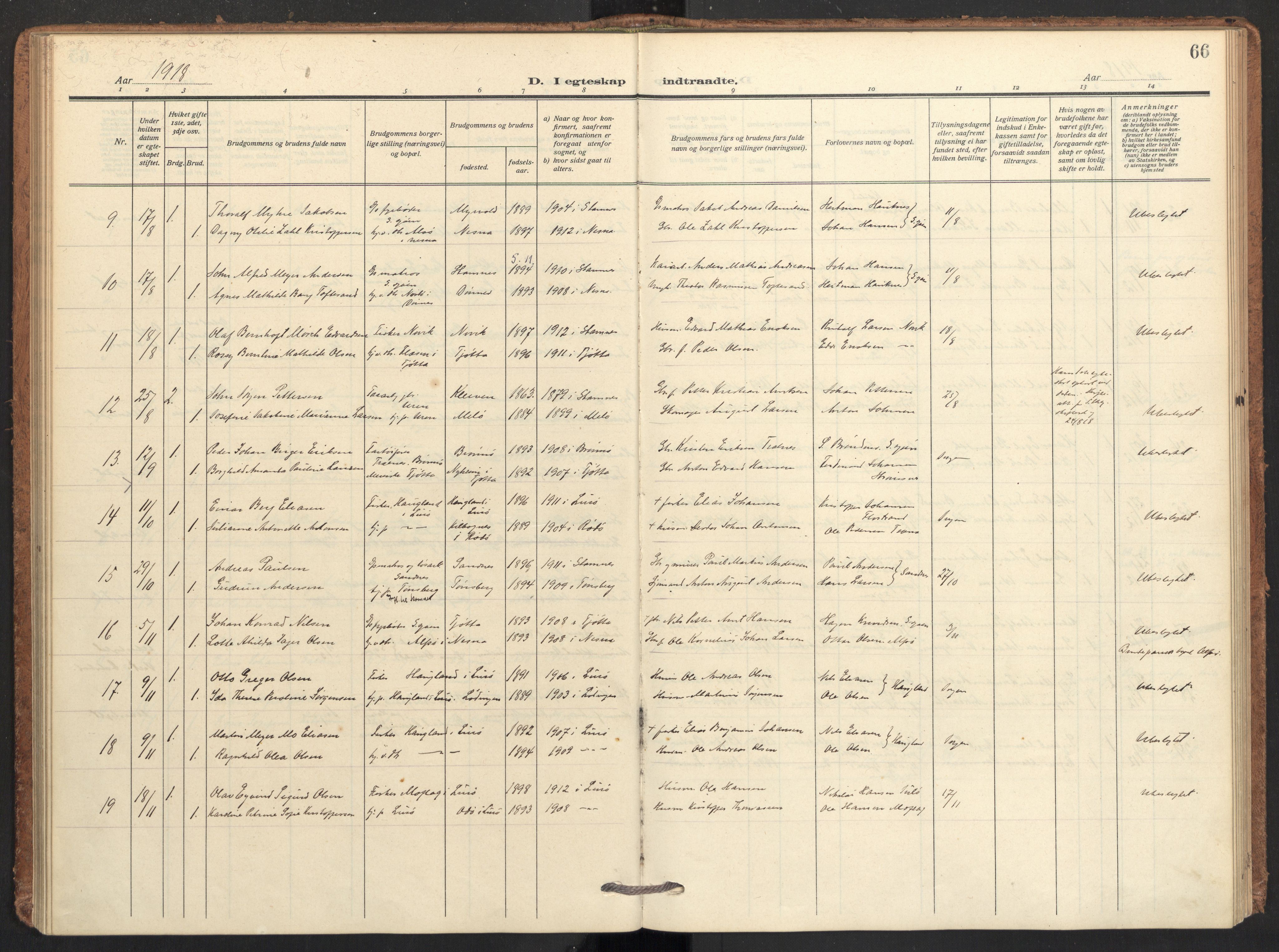 Ministerialprotokoller, klokkerbøker og fødselsregistre - Nordland, AV/SAT-A-1459/831/L0473: Parish register (official) no. 831A04, 1909-1934, p. 66