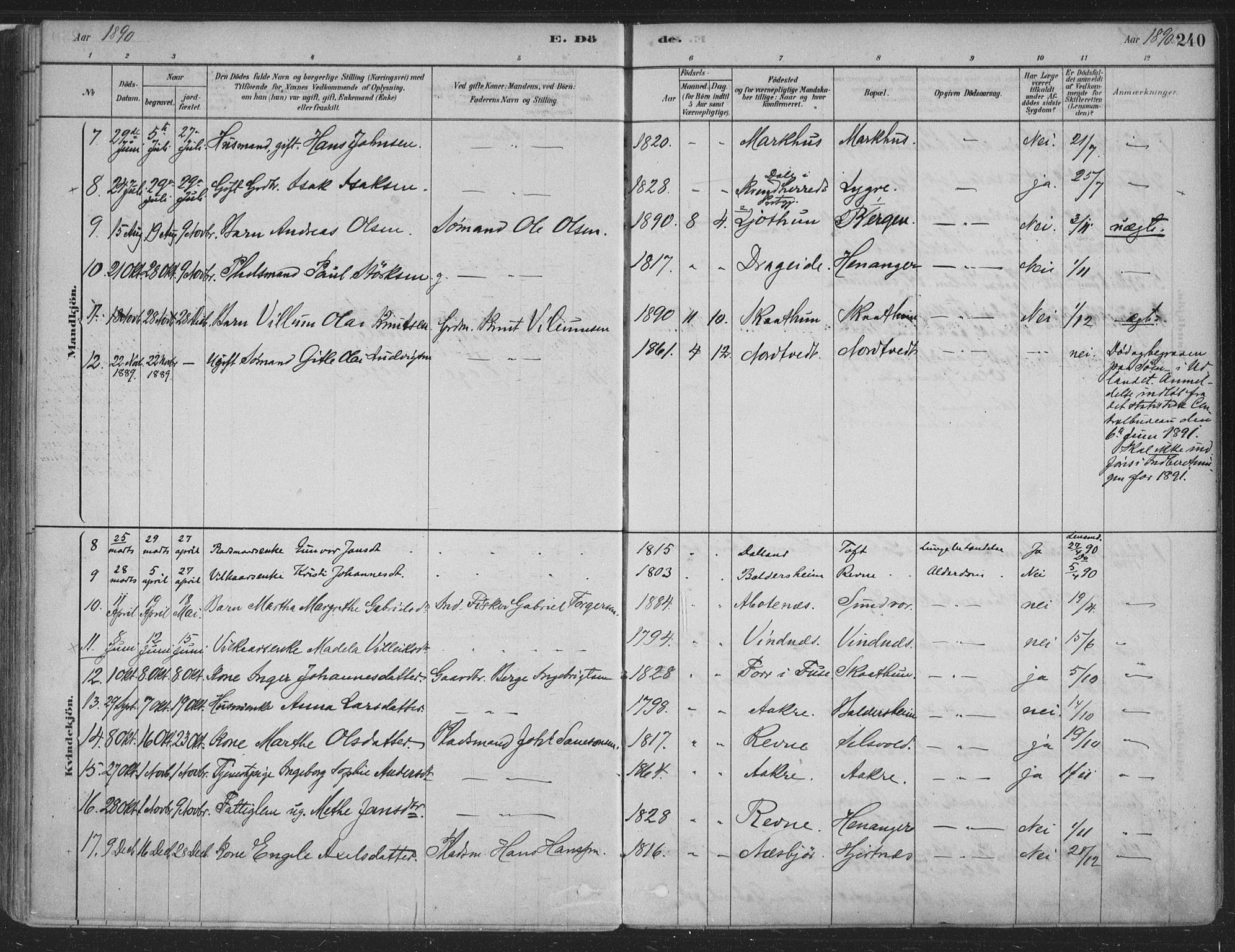 Fusa sokneprestembete, SAB/A-75401/H/Haa: Parish register (official) no. D 1, 1880-1938, p. 240