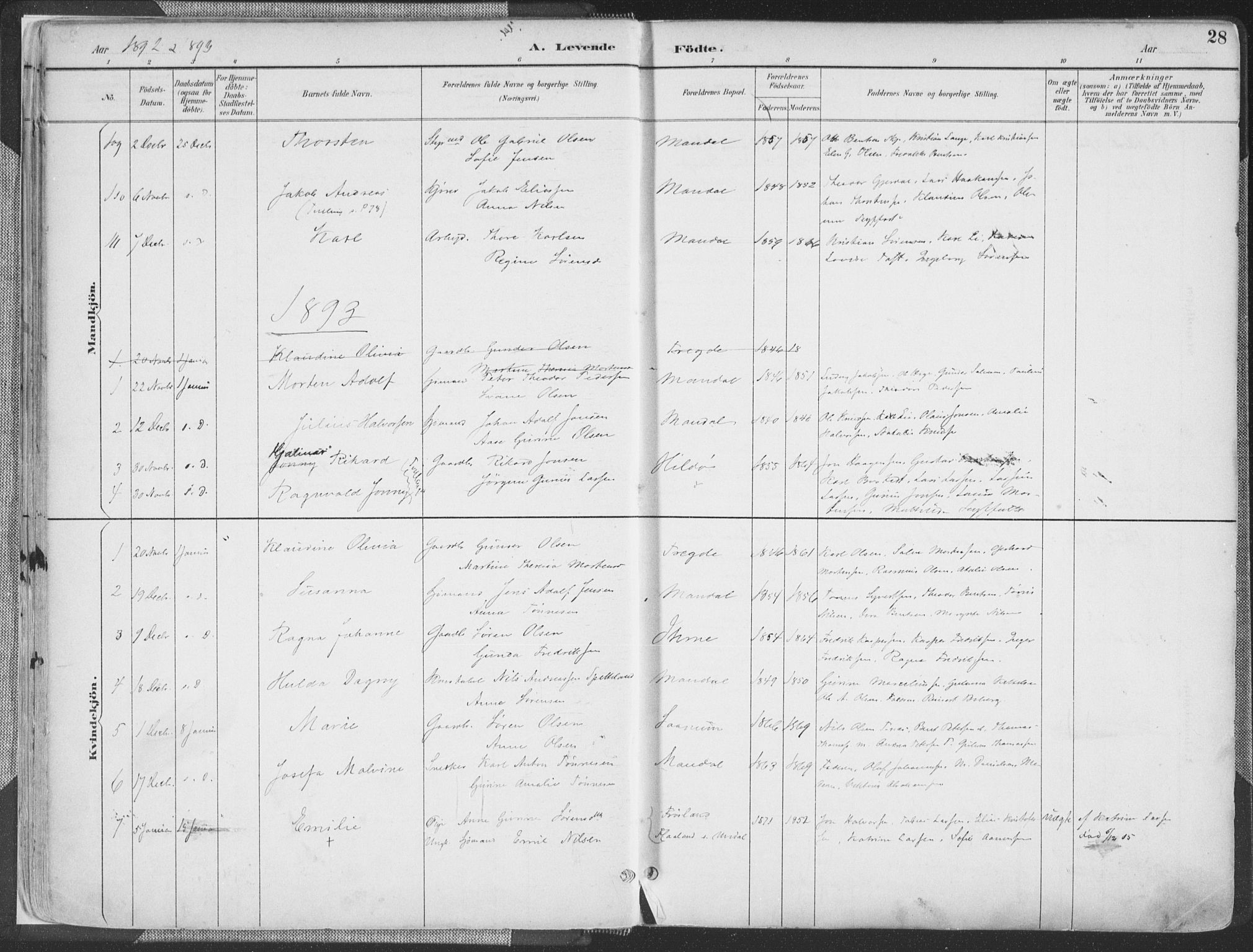 Mandal sokneprestkontor, SAK/1111-0030/F/Fa/Faa/L0018: Parish register (official) no. A 18, 1890-1905, p. 28