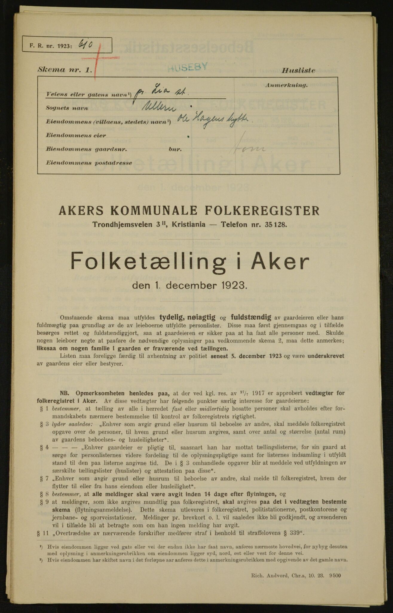 , Municipal Census 1923 for Aker, 1923, p. 3556