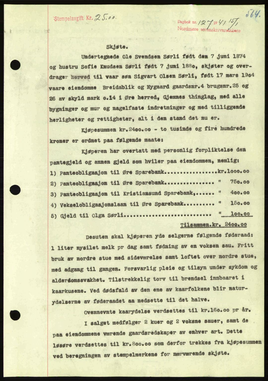 Nordmøre sorenskriveri, SAT/A-4132/1/2/2Ca: Mortgage book no. A89, 1940-1941, Diary no: : 127/1941