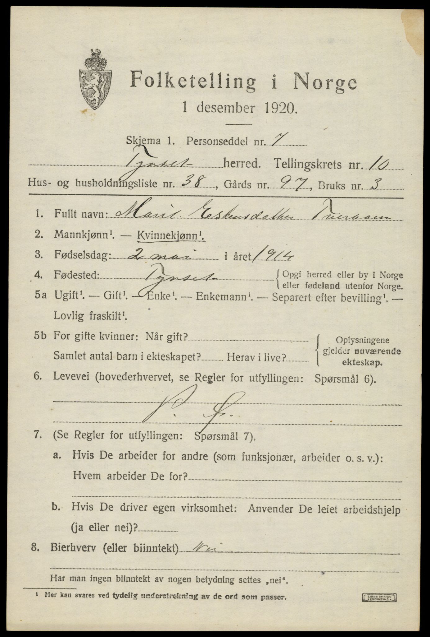 SAH, 1920 census for Tynset, 1920, p. 8024