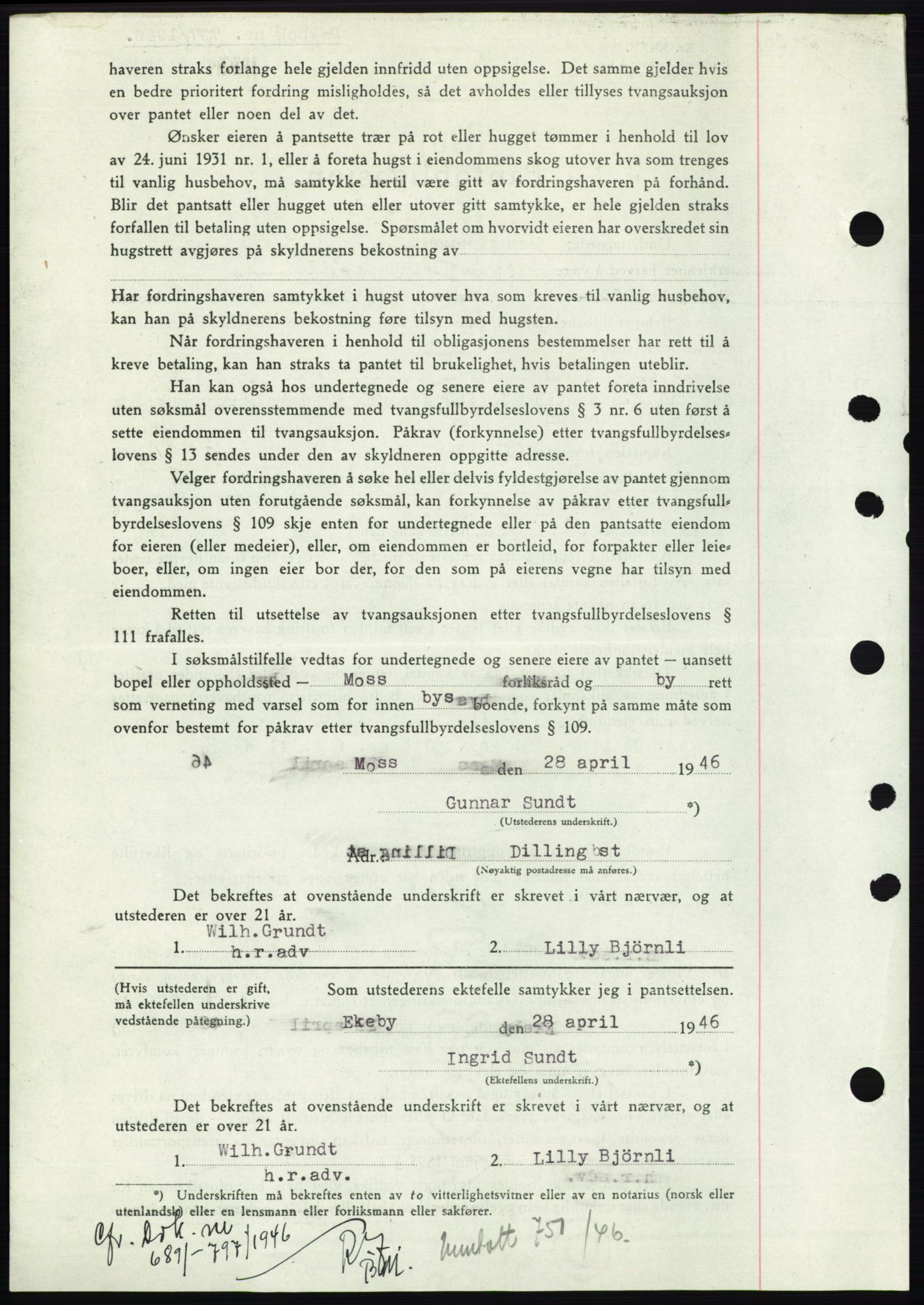 Moss sorenskriveri, SAO/A-10168: Mortgage book no. B15, 1946-1946, Diary no: : 797/1946