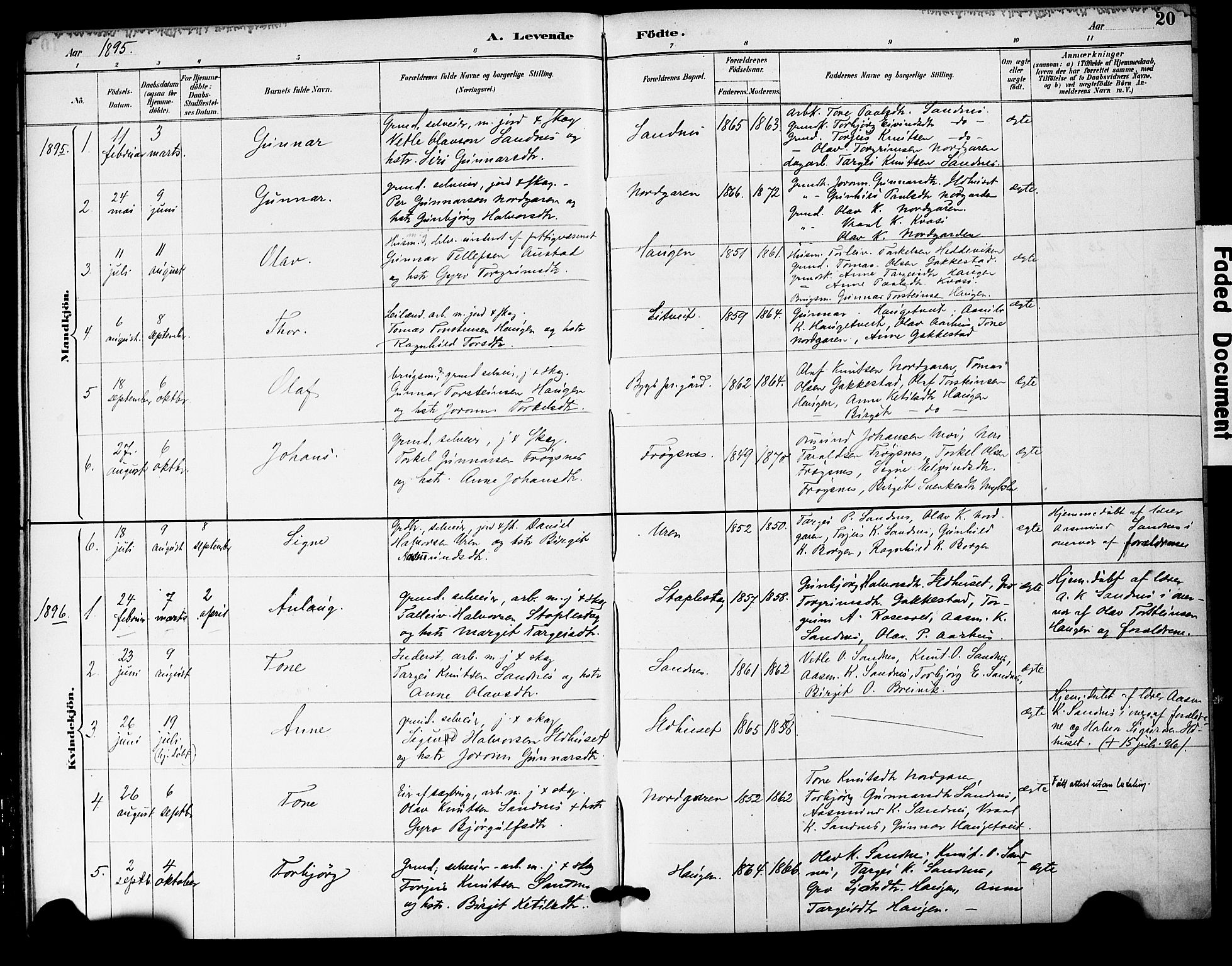 Bygland sokneprestkontor, SAK/1111-0006/F/Fa/Fac/L0001: Parish register (official) no. A 1, 1885-1909, p. 20