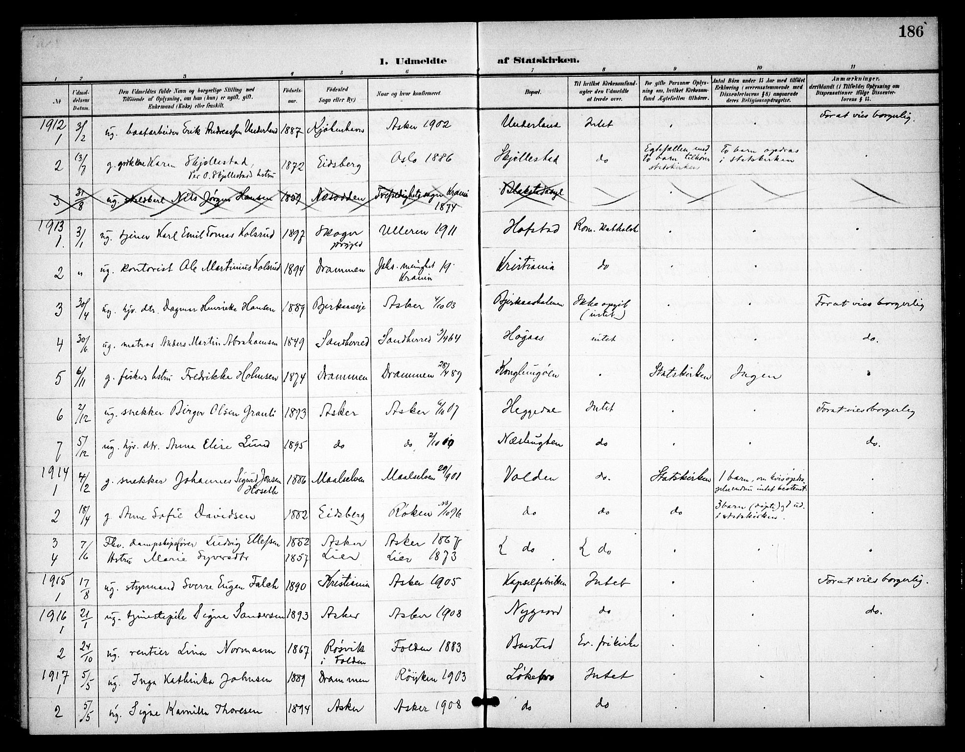 Asker prestekontor Kirkebøker, SAO/A-10256a/F/Fa/L0016: Parish register (official) no. I 16, 1900-1917, p. 186