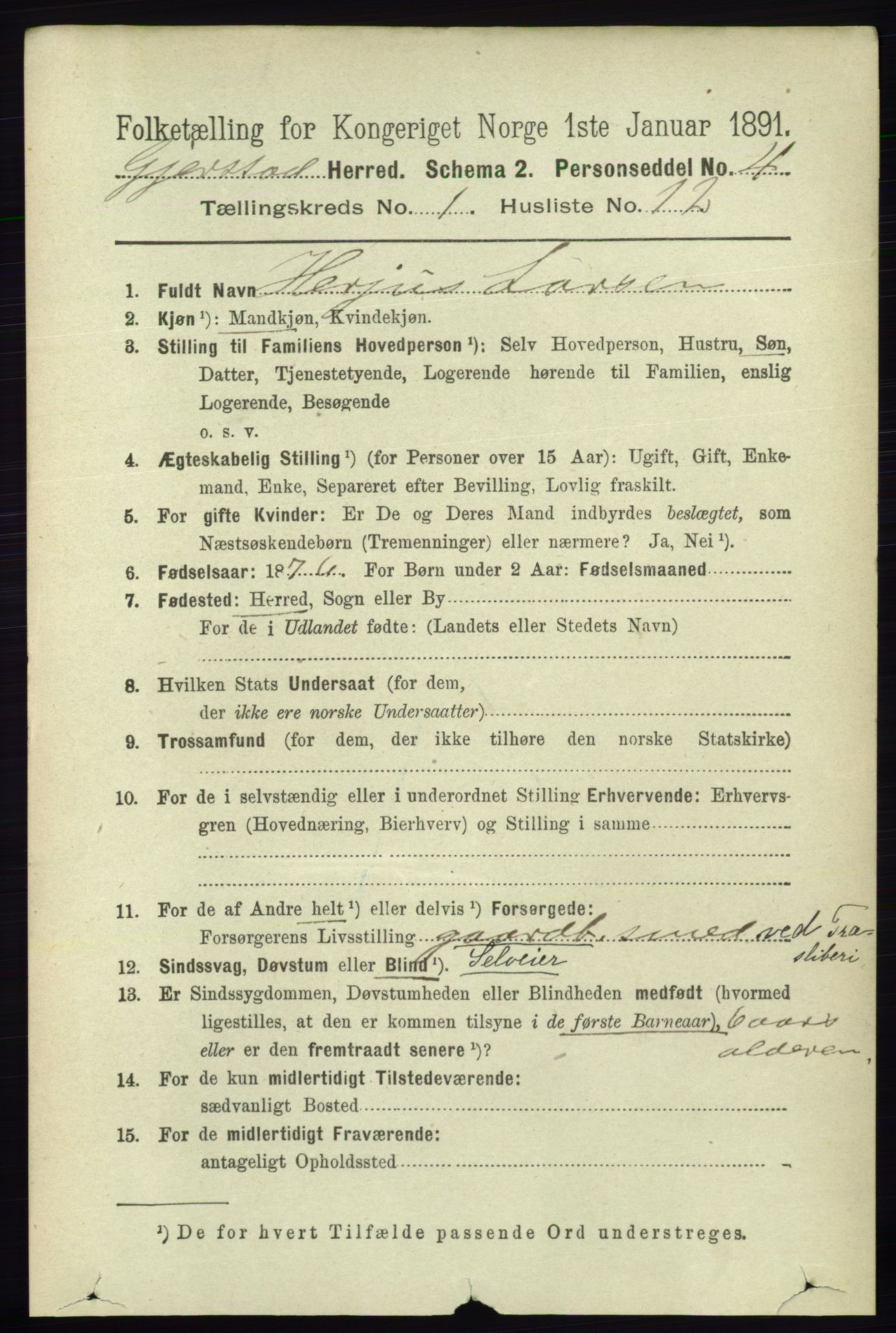 RA, 1891 census for 0911 Gjerstad, 1891, p. 185