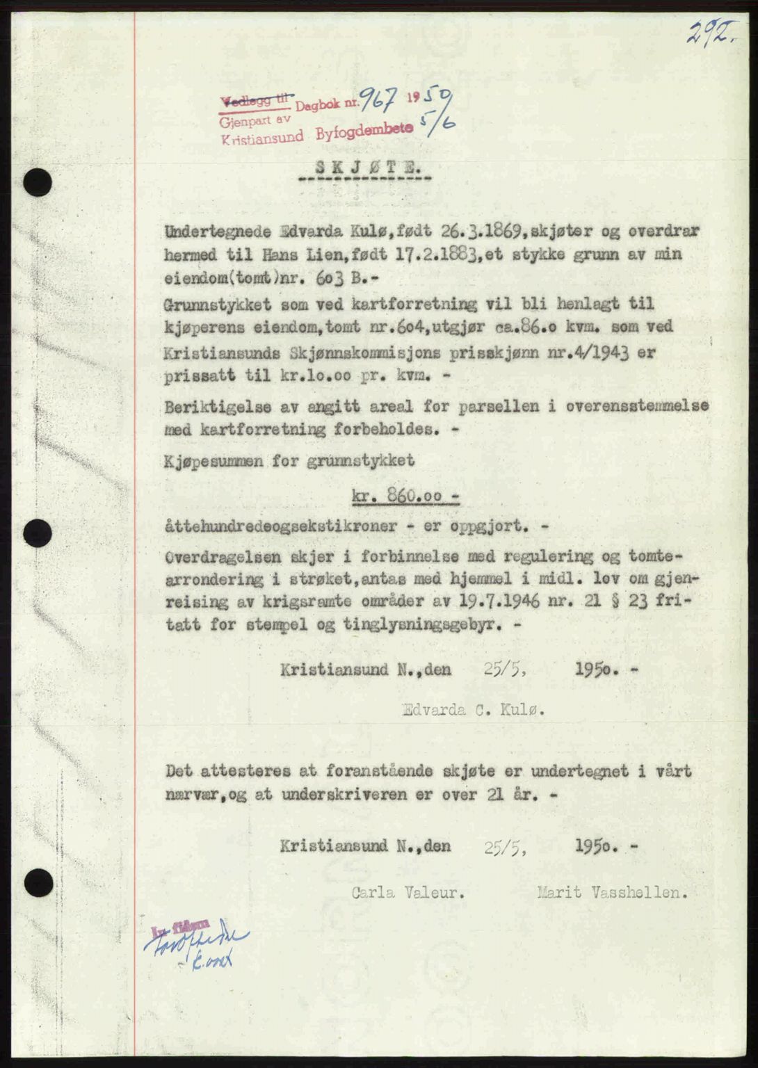 Kristiansund byfogd, AV/SAT-A-4587/A/27: Mortgage book no. 46, 1949-1950, Diary no: : 967/1950