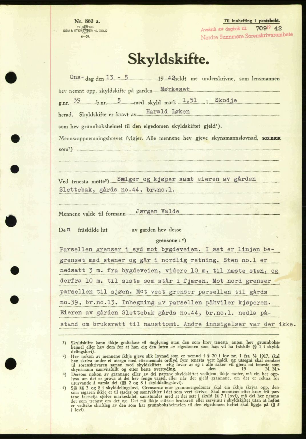 Nordre Sunnmøre sorenskriveri, AV/SAT-A-0006/1/2/2C/2Ca: Mortgage book no. A13, 1942-1942, Diary no: : 709/1942