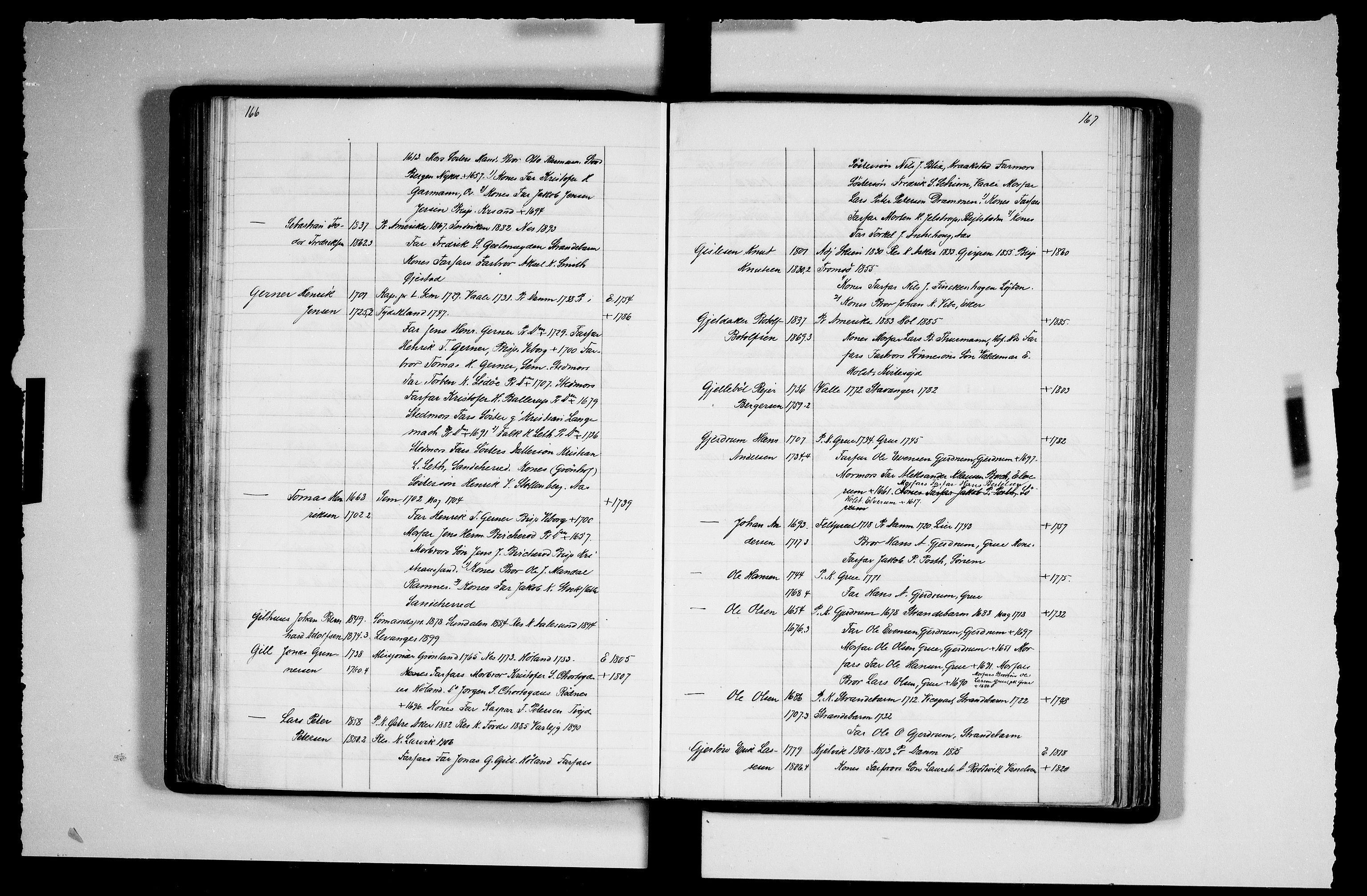 Manuskriptsamlingen, RA/EA-3667/F/L0111b: Schiørn, Fredrik; Den norske kirkes embeter og prester 1700-1900, Prester A-K, 1700-1900, p. 166-167