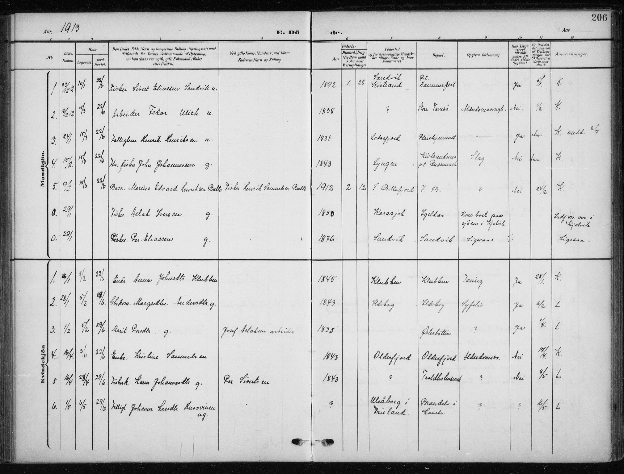 Kistrand/Porsanger sokneprestembete, AV/SATØ-S-1351/H/Ha/L0014.kirke: Parish register (official) no. 14, 1908-1917, p. 206