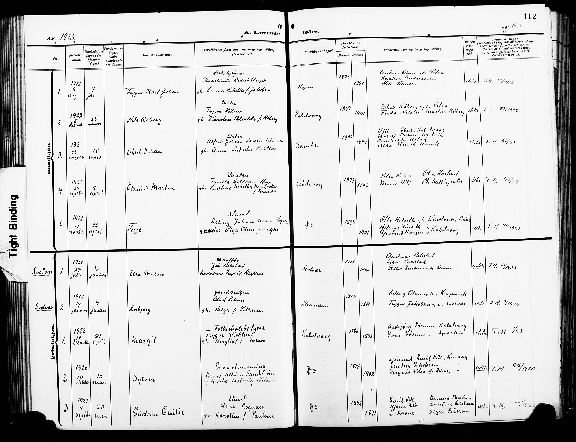 Ministerialprotokoller, klokkerbøker og fødselsregistre - Nordland, AV/SAT-A-1459/874/L1080: Parish register (copy) no. 874C09, 1915-1925, p. 112