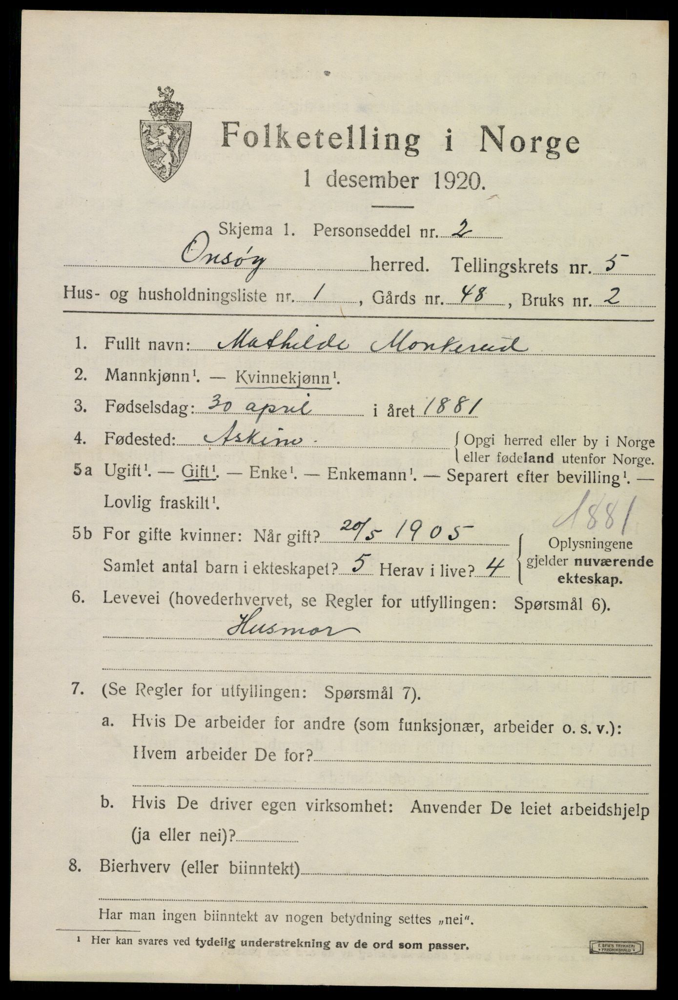 SAO, 1920 census for Onsøy, 1920, p. 6418