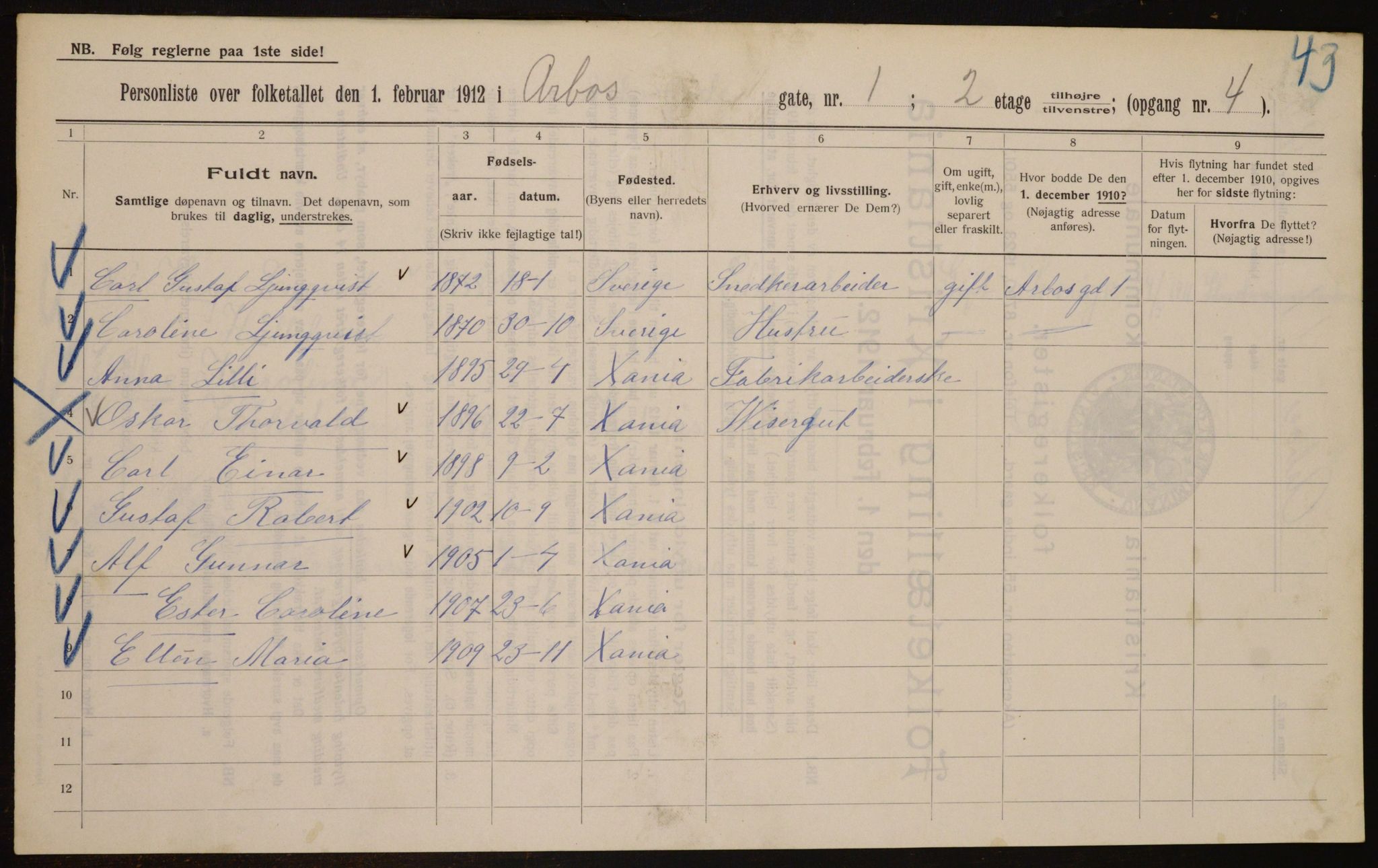 OBA, Municipal Census 1912 for Kristiania, 1912, p. 1650