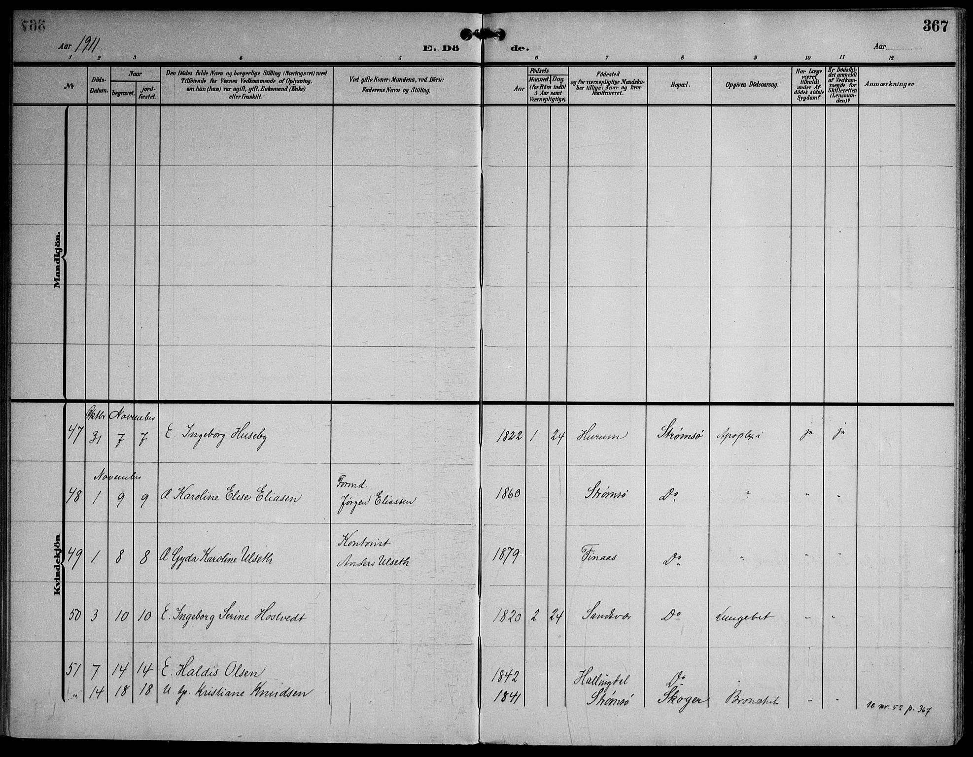 Strømsø kirkebøker, AV/SAKO-A-246/F/Fa/L0026: Parish register (official) no. I 26, 1905-1914, p. 367