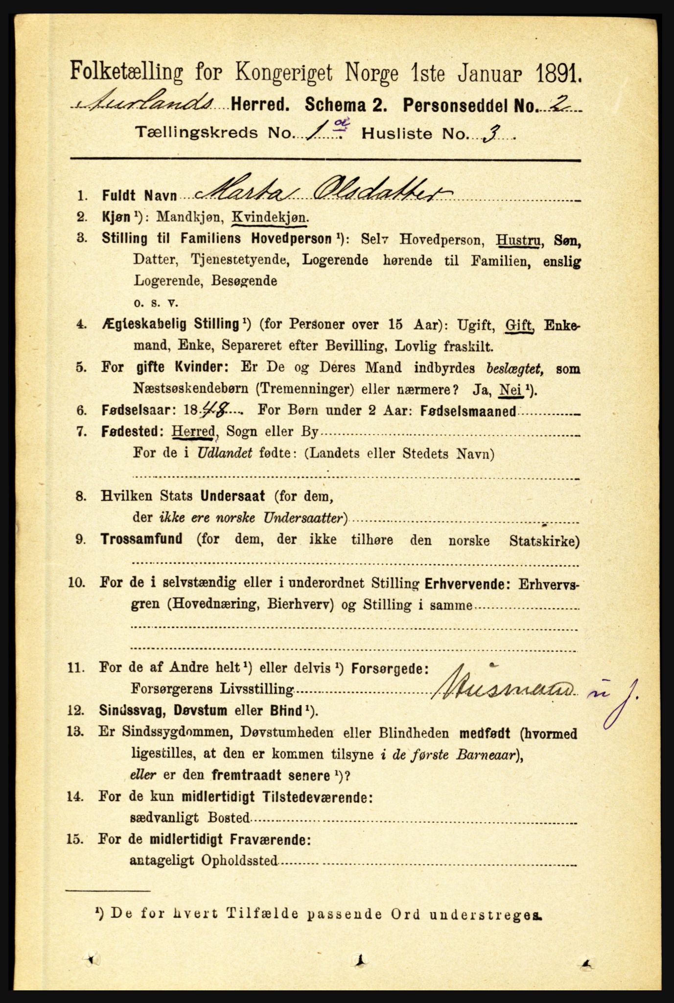 RA, 1891 census for 1421 Aurland, 1891, p. 43