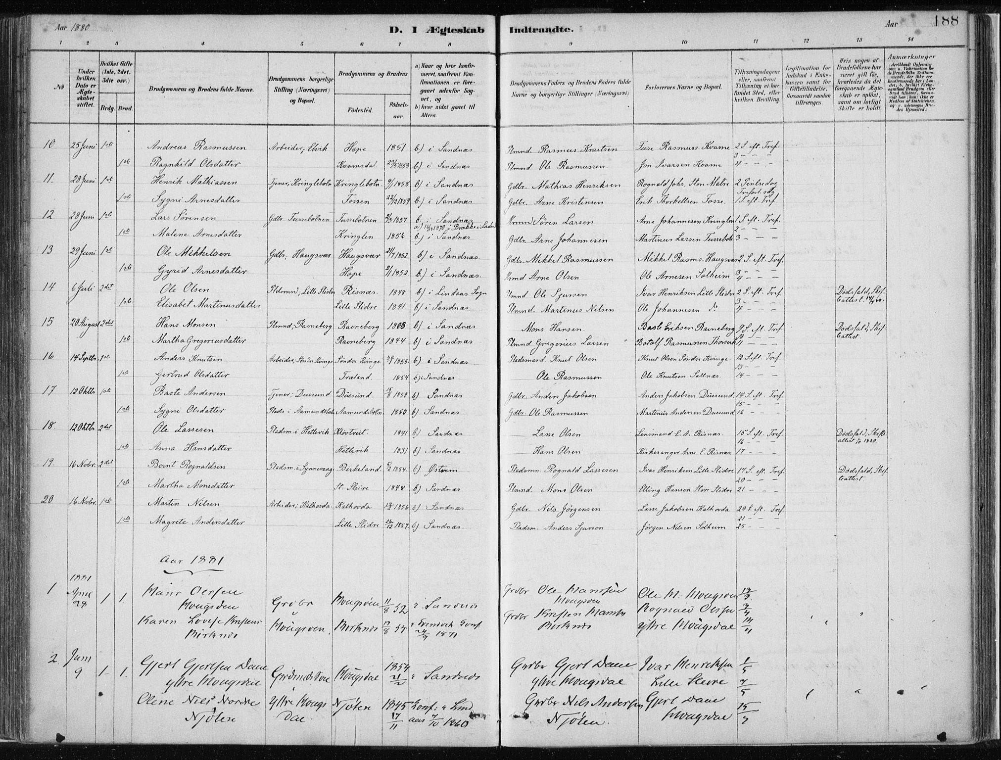 Masfjorden Sokneprestembete, SAB/A-77001: Parish register (official) no. B  1, 1876-1899, p. 188