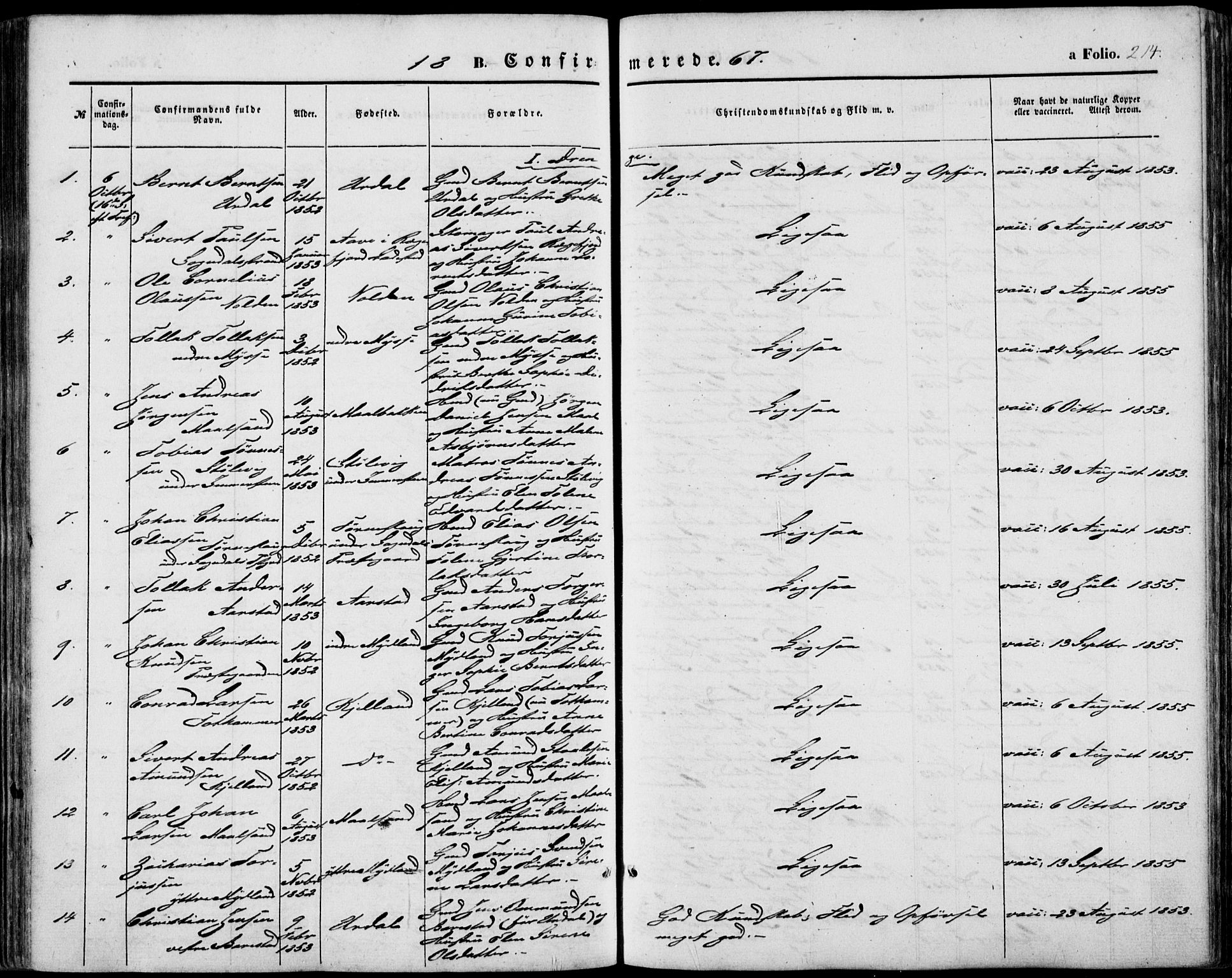 Sokndal sokneprestkontor, SAST/A-101808: Parish register (official) no. A 9, 1857-1874, p. 214