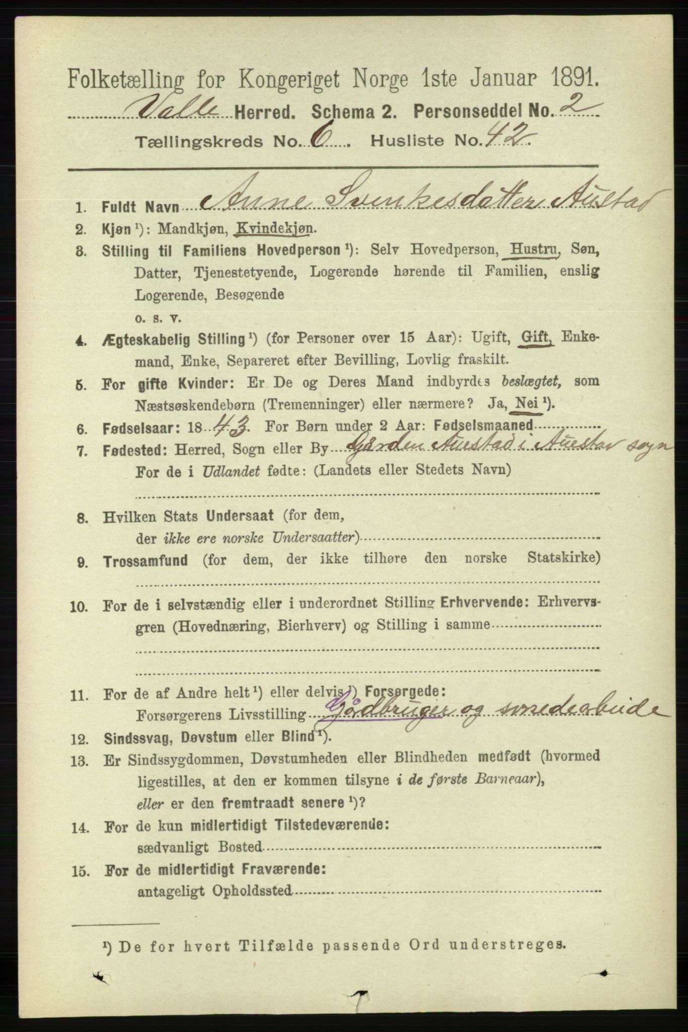 RA, 1891 census for 0940 Valle, 1891, p. 1919